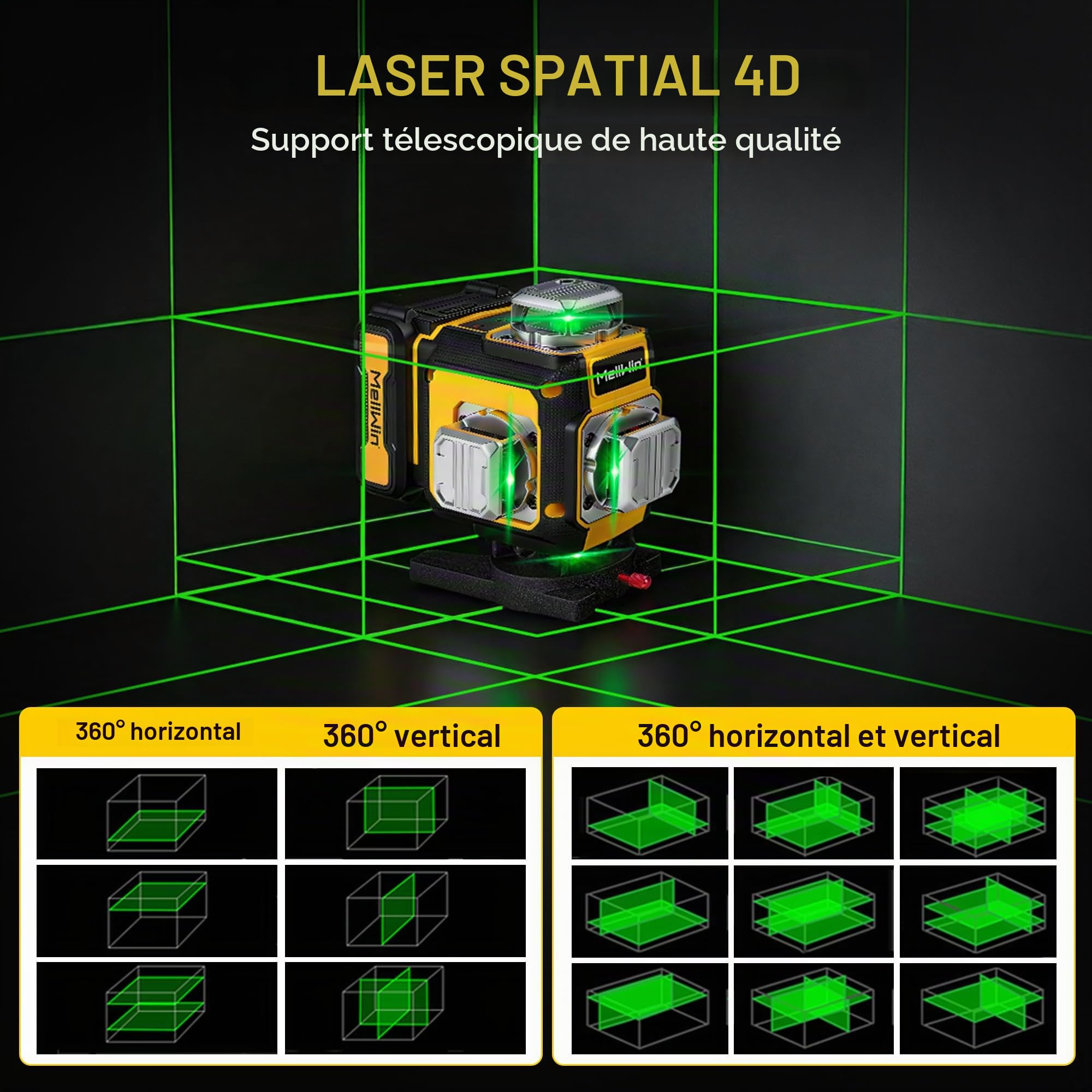 Niveau laser avec trépied,4800 mah Batterie, nivellement laser 4D et autonivellement avec 16 lignes, laser à lignes croisées,multifonction, mode impulsionnel 360 degrés, IP54,Alertes vocales