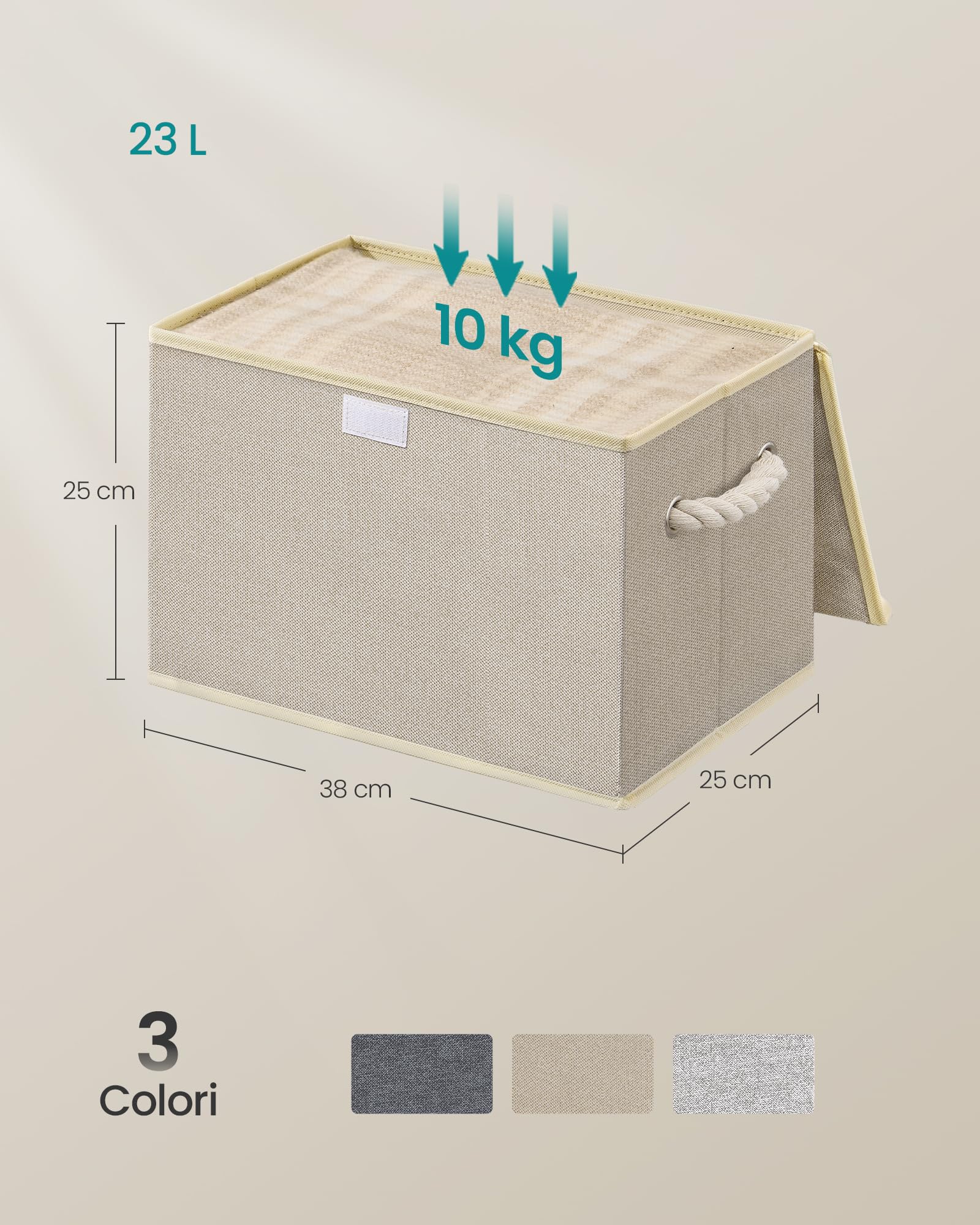 SONGMICS Scatole Portaoggetti con Coperchio, Set di 3, Contenitori in Tessuto Pieghevoli, Organizer per Armadio, Manici, per Camera da Letto Soggiorno, 38 x 25 x 25 cm, Beige Sabbia RFB013LZ01