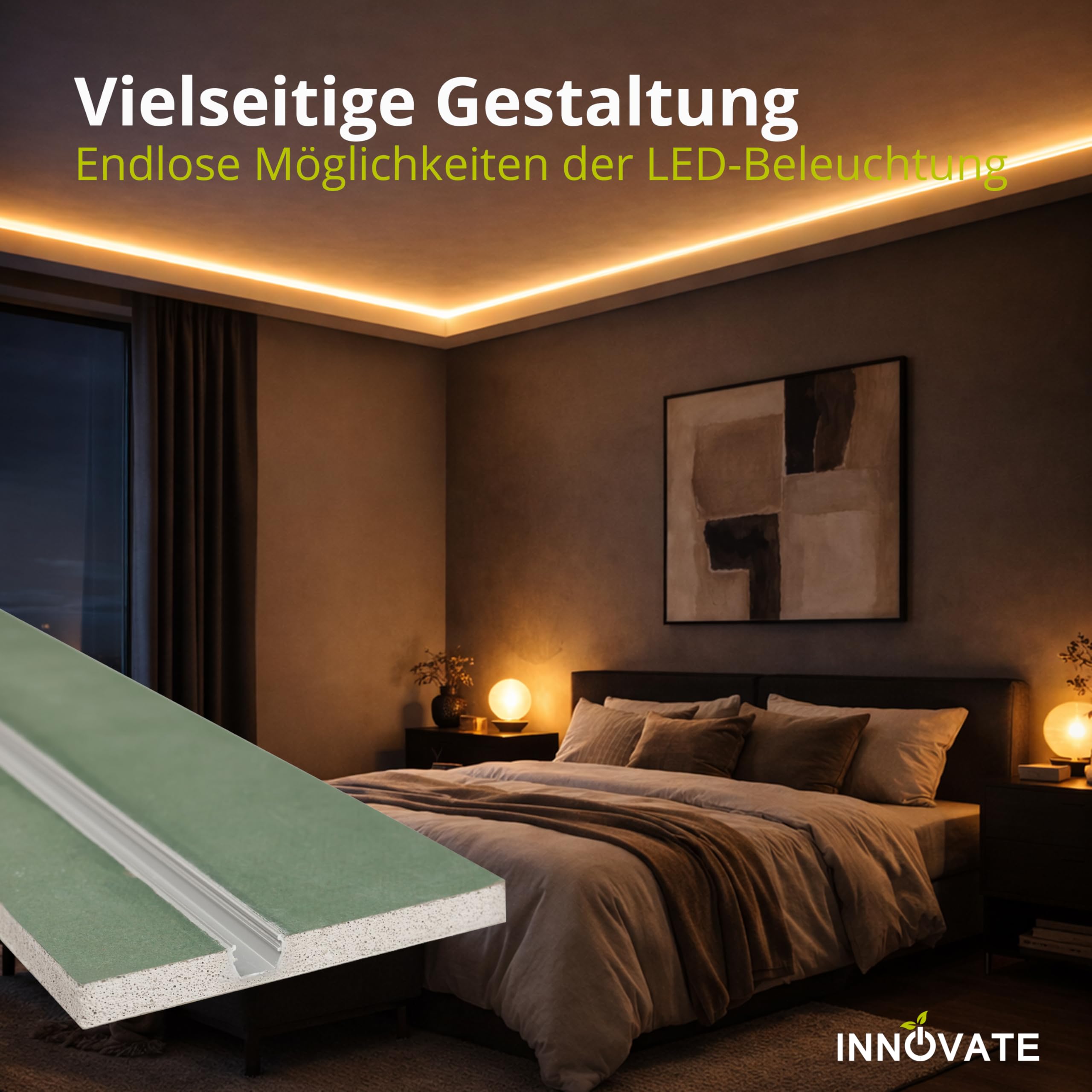 INNOVATE Rigipsplatten LED Profil Trockenbau inkl. Diffusor [1 läufig 1m] Gipskartonplatten für LED Streifen I Trockenbauplatten Aluminium Profil Decke I Kabelkanal Unterputz Indirekte Beleuchtung