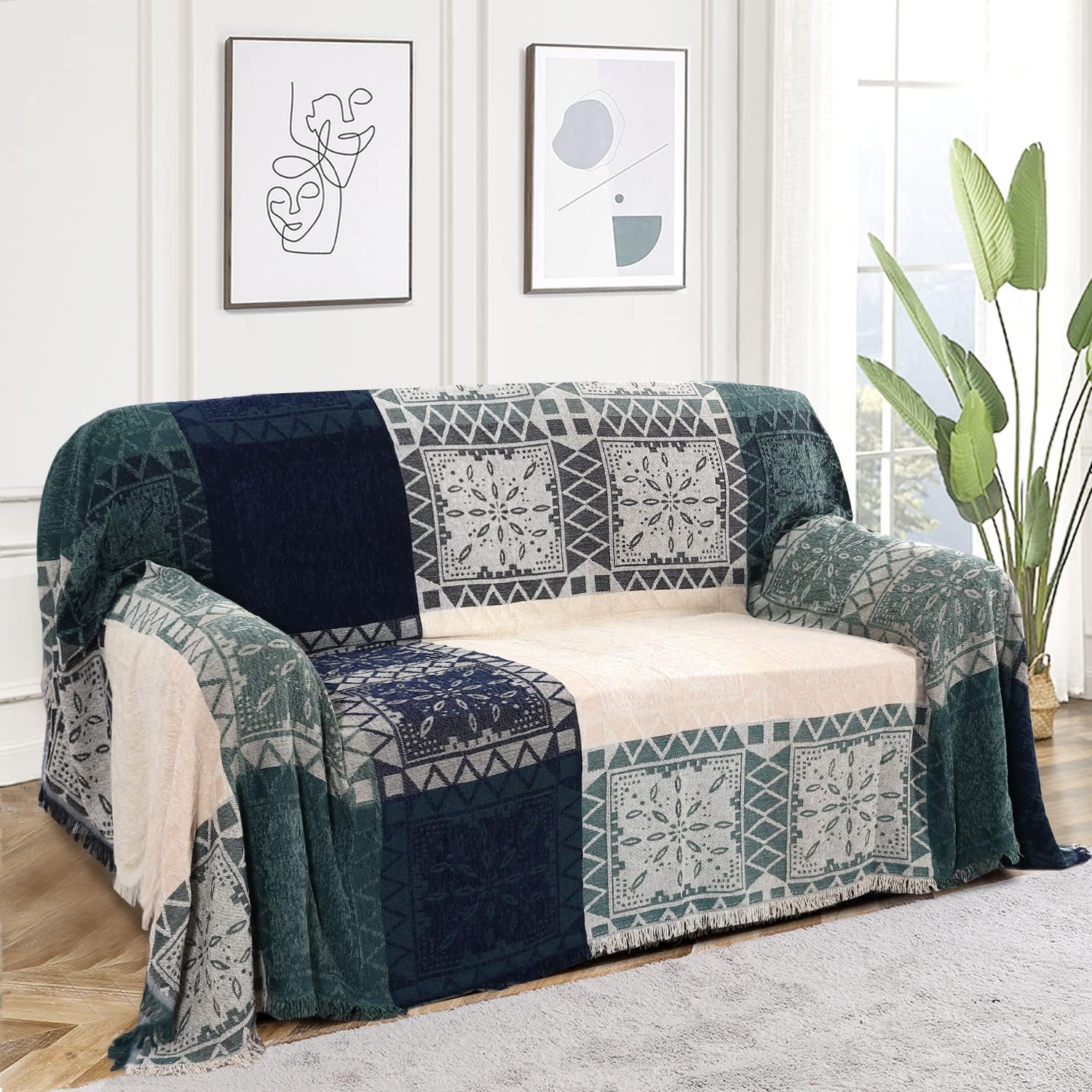 ROOMLIFE Boho Couch Cover Bohemian Cotton Sofa Cover for 3