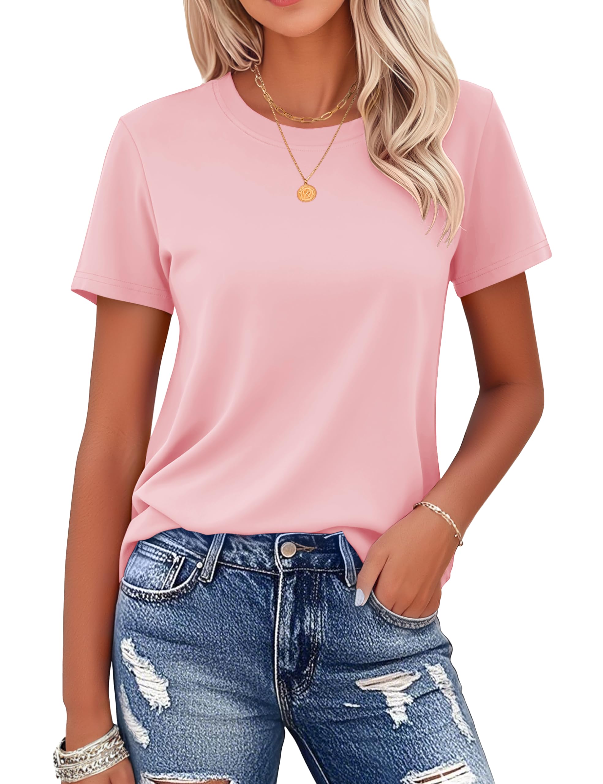 Women's Cotton T-Shirts Short-Sleeve Shirts Crew-Neck Tops Classic-Fit Breathable Casual Summer Tees