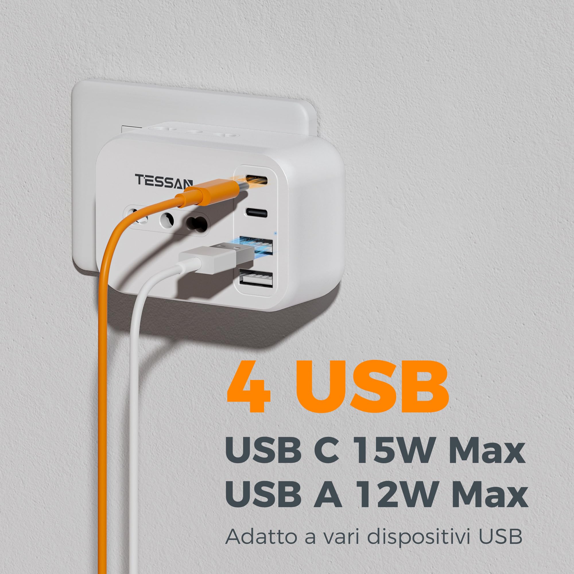 TESSAN 7 IN 1 Presa Multipla Salvaspazio da 13A, Multipresa con 4 Porte USB | Multipresa da Parete con 2 USB C e 2 USB A, 3250W Caricabatterie USB, Tripla Presa da Muro per Casa, Dormitorio, Ufficio
