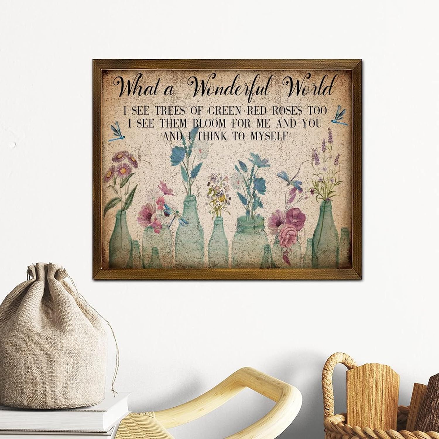 What A Wonderful World Wood Framed Sign Vintage Dragonfly Tulip Rose Flower Vase Hanging Sign Retro Summer Floral Home Wall Decoration for Home Kitchen Living Room Table 16x20 Inch