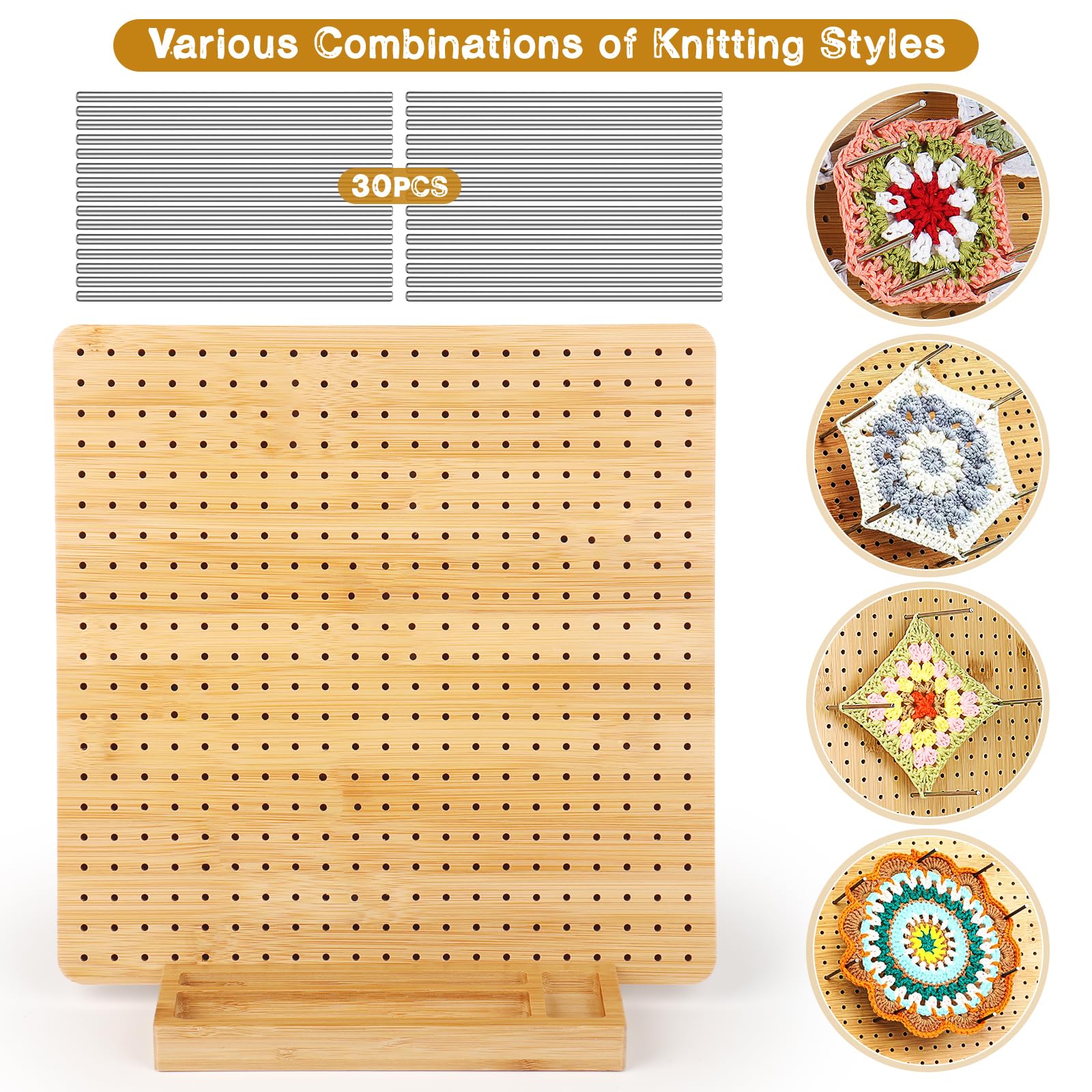 Coopay Granny Squares - Tavola di blocco grande, 28 x 28 cm, per Granny Square, Wooden Blocking Board all'uncinetto e 30 bastoncini in acciaio inox, per lavori a maglia e all'uncinetto