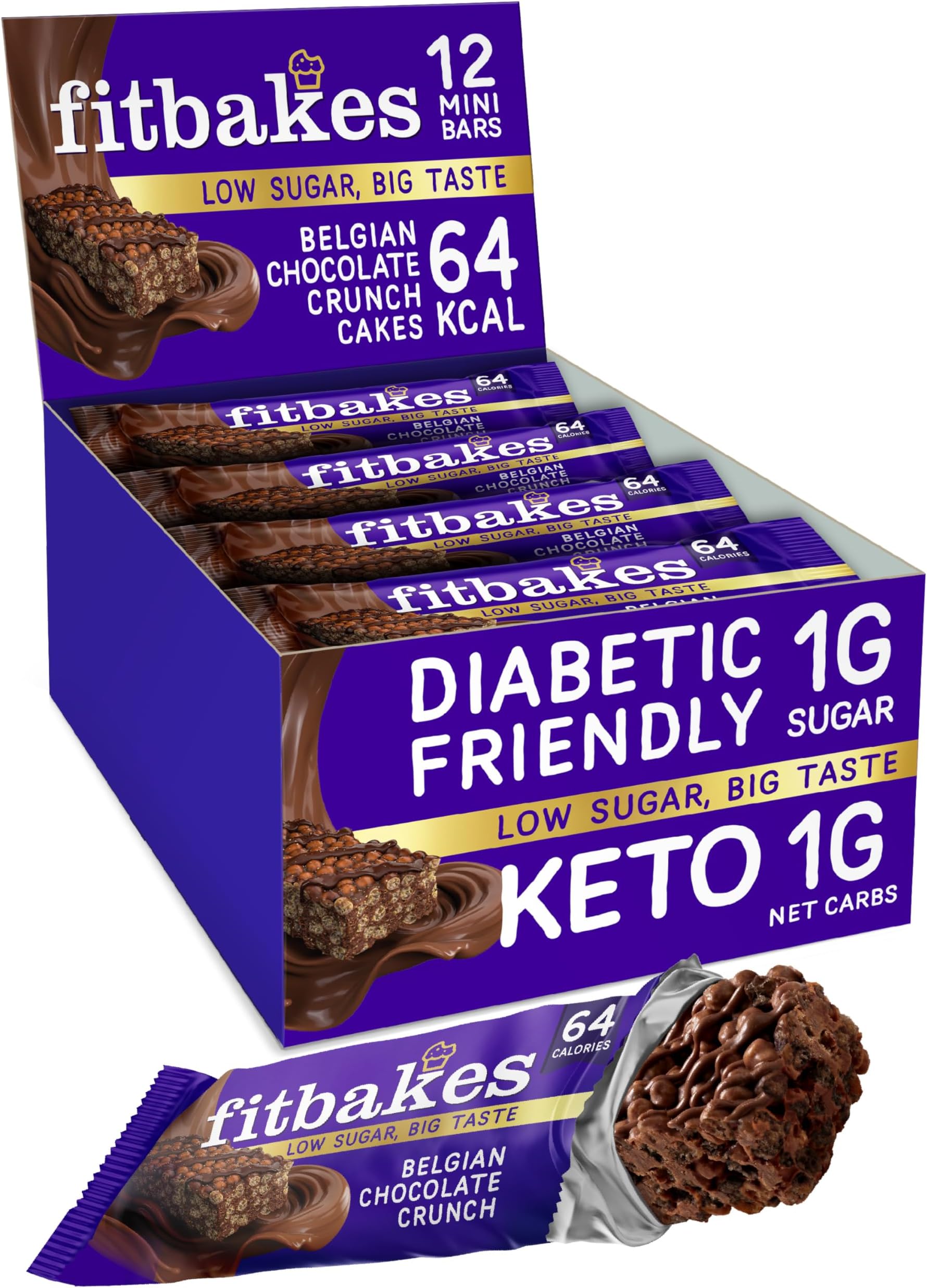 64 Calories Belgian Chocolate Mini Bars (12x19g) Diabetic Chocolate Keto Snack, 1 Net Carb Low Sugar Crunch Cake, Diabetic Sweets Biscuits, Low Calorie Snack, No Added Sugar, Fitbakes