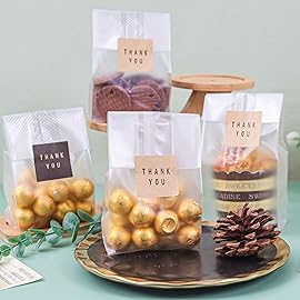 LOKQING Cellophane Treat Bags Cookie bags for Packaging Clear Gift Bag with Stickers for Cookies, Candy, Chocolates(Black Dot, 9x3.2inch)