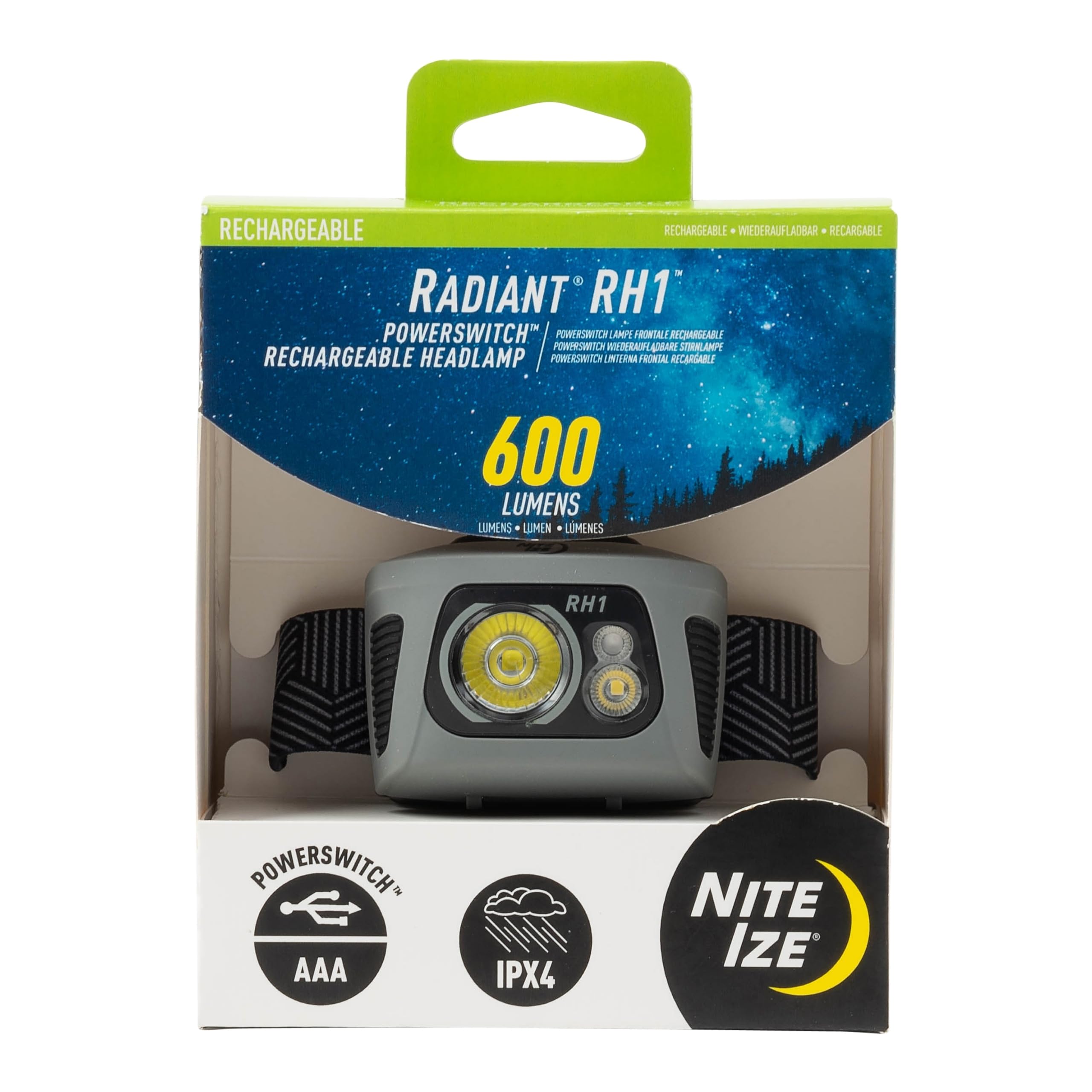 Nite Ize Radiant RH1 PowerSwitch Rechargeable Headlamp - Headlamp with Red Mode for Camping & Hiking - Rechargeable Battery - Hands-Free Light with 6 Modes Plus Lockout - Impact Resistant & IPX4 Rated