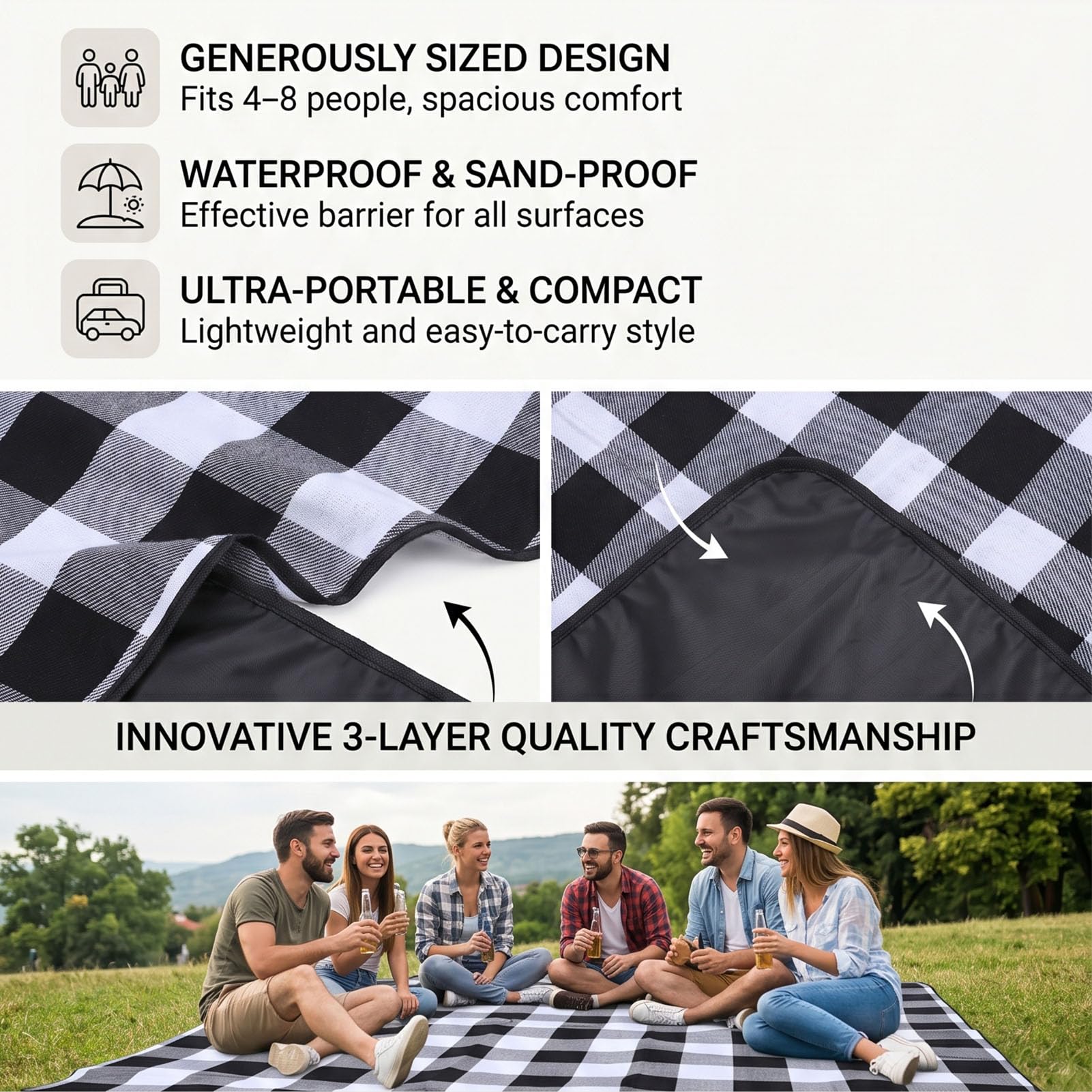 wasserdichte Picknickdecke für Strand, (Black)