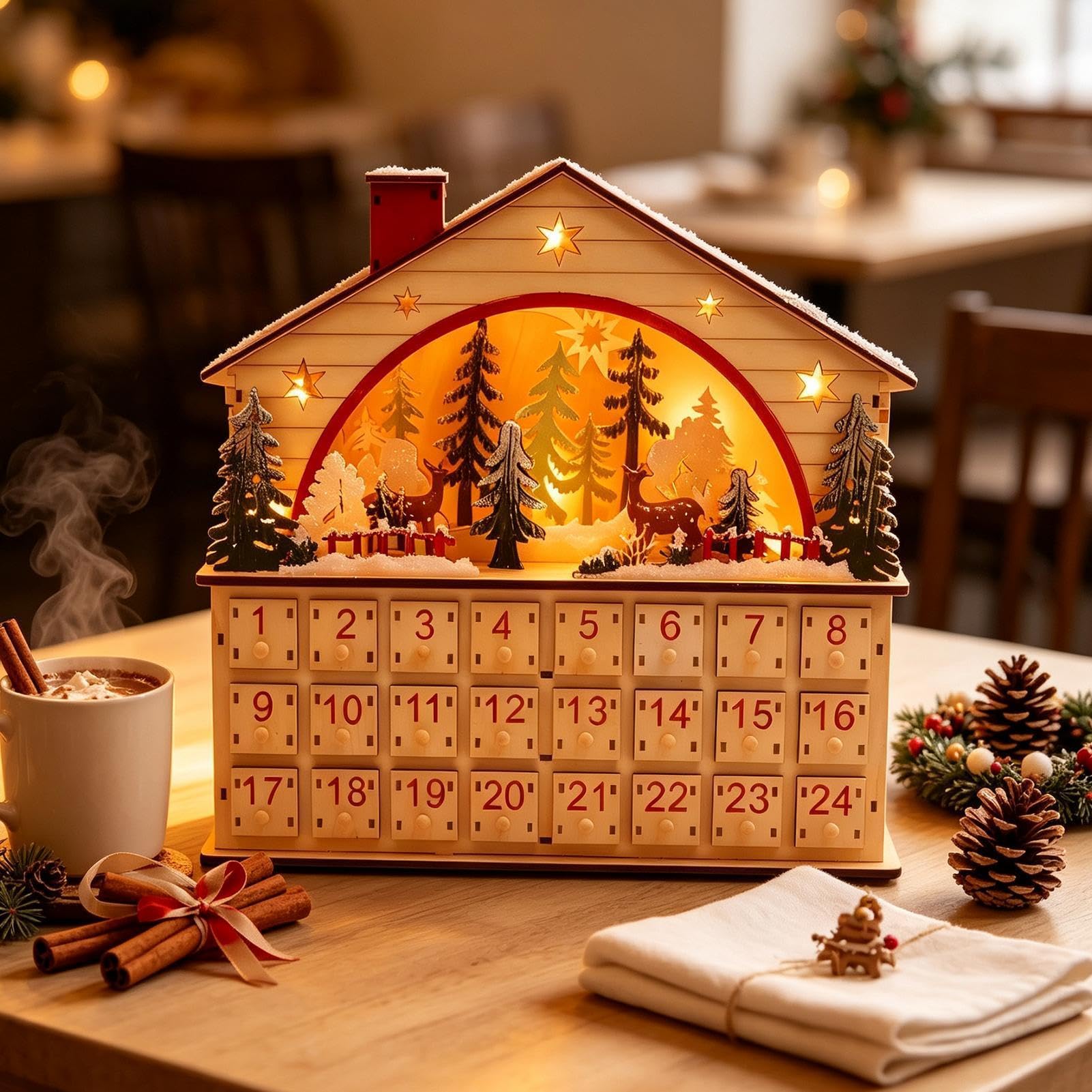 Cuenta Regresiva a Navidad Armario de Mesa con Forma de Casa de Madera para | Calendario De Cuenta Atrás Navideño Con Cajones Para Escritorio, Estantería, Salón Y