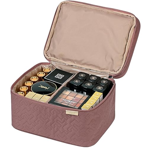 Miniatura 3 de NISHEL Bolsa de maquillaje de viaje de doble capa con correa, organizador grande para cosméticos que se adapta a botellas verticalmente, capa