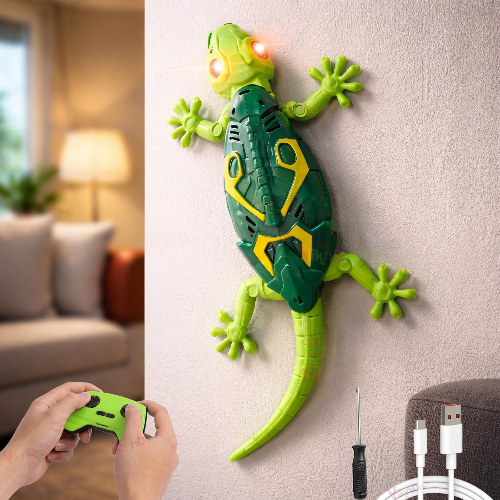 VikriDA Rechargeable Remote Control Robot Lizard | 360° Rotation, Low Noise, LED Lights | Fun Wall Crawler Prank Toy for Kids Ages 4+ (Green)-image-24