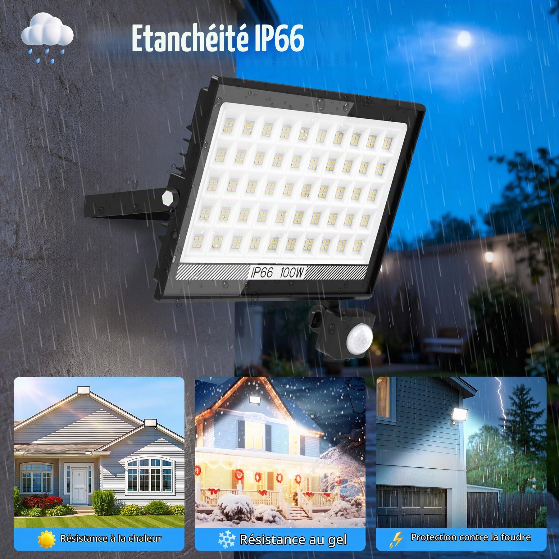 NATPOW 100W Projecteur LED Extérieur Detecteur de Mouvement, 11000LM 6000K 200 Leds Eclairage Exterieur avec Detecteur, IP66 Étanche Spot Led Extérieur pour Jardins, Garage, Arrière-cour, 2 Pièces