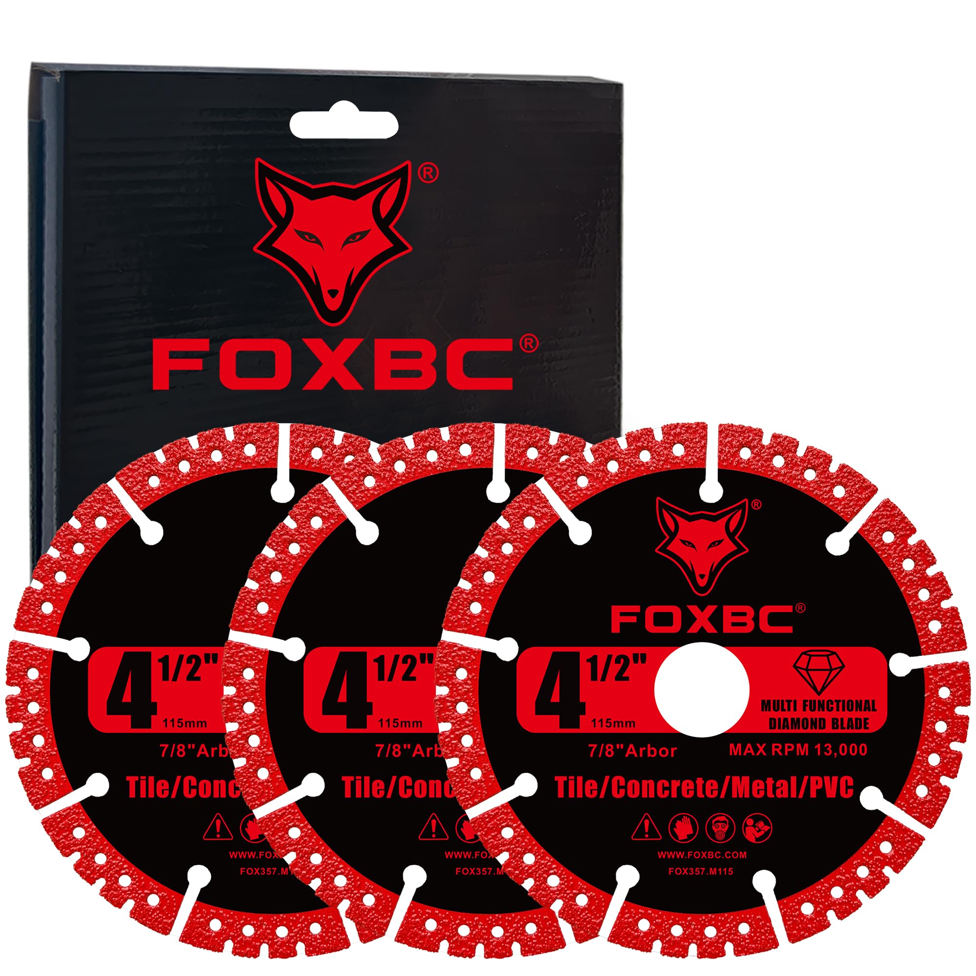 FOXBC 4-1/2 inch Diamond Multi-Purpose Saw Blades for Angle Grinder, Heavy Duty Cut-Off Disc for Metal, Plastic, Porcelain, Ceramic, Marble, Stone - 3 Pack