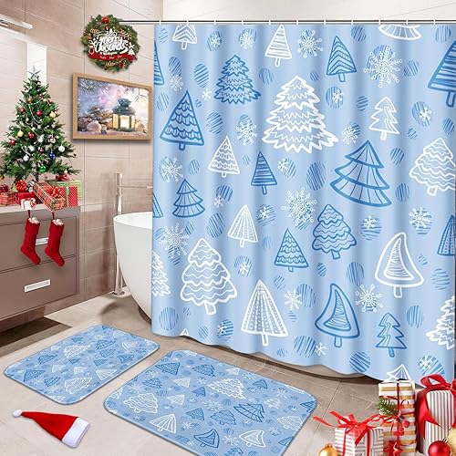 Britimes Juego de baño con cortina de ducha y alfombras y accesorios, árbol de Navidad, invierno, pino, azul, juego de cortina de ducha, decoración