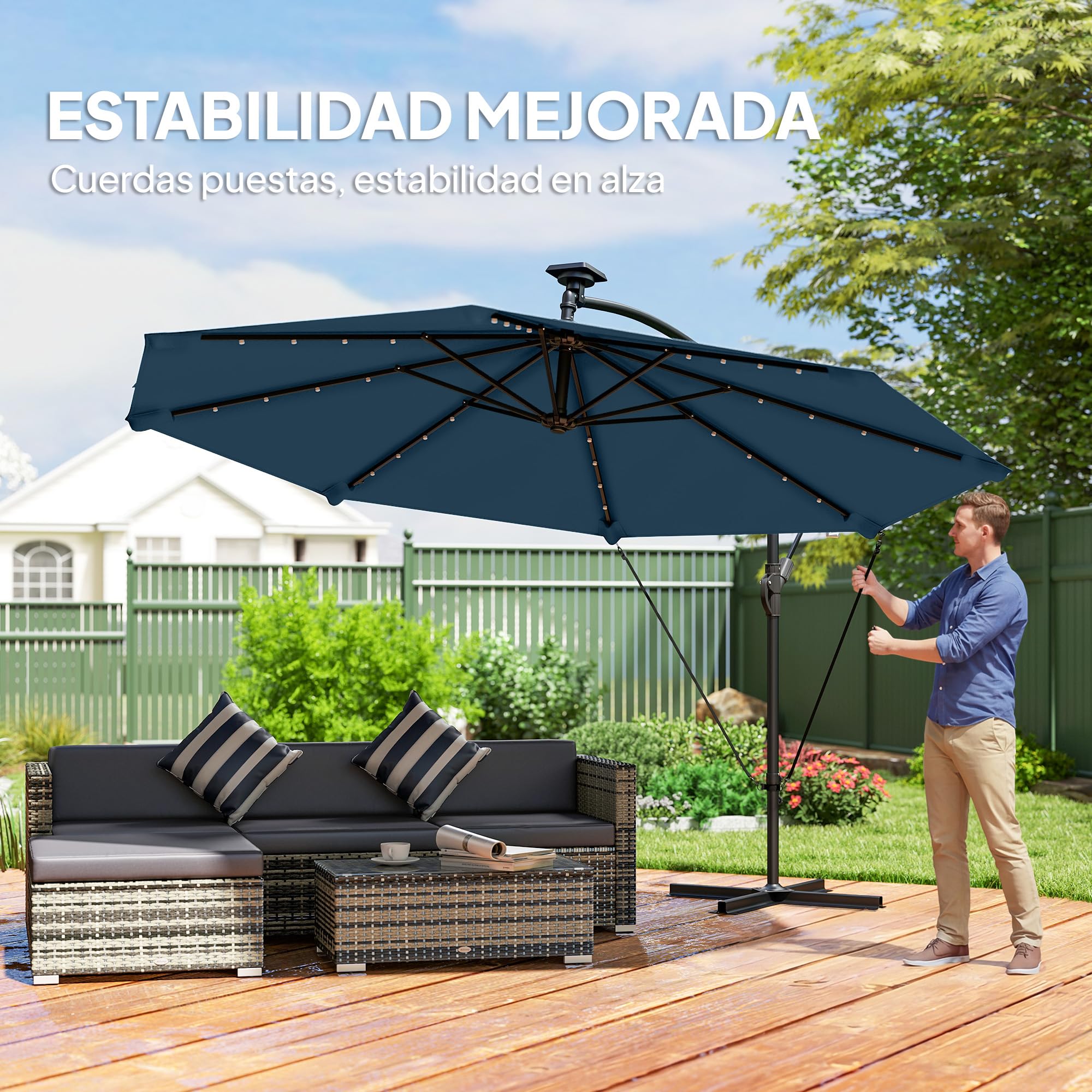 Outsunny Parasol Excéntrico con Luces LED Solares Ø345 cm Azul Marino | Sombrilla de Jardín de Aluminio, Base Cruzada, Manivela, Funda Protectora, Cuerdas de Viento, UPF50+, Terraza Exterior