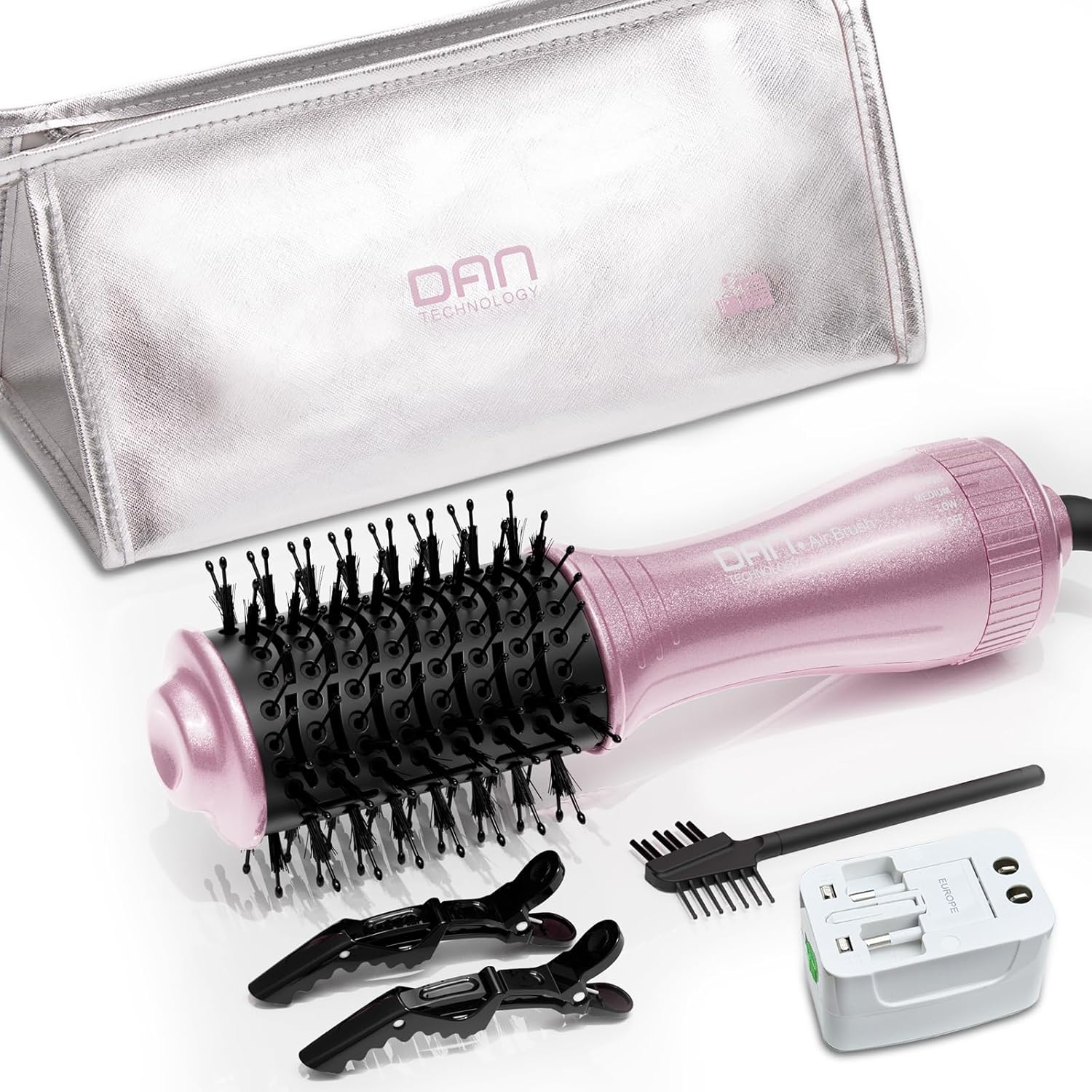 DAN Dual Voltage Hair Dryer Brush,2 inch Blow Dryer Brush,110V-120V/220V-240V Automatic Dual Voltage,smallBrush Hair dryers with Multifunctional Conversion Plug,for European and Travel Use