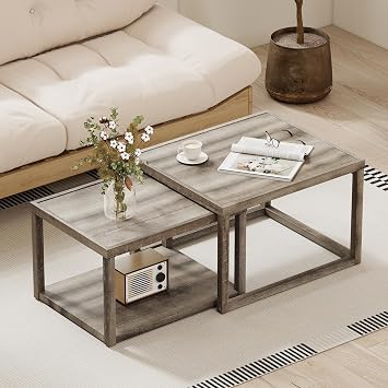 Giantex Nesting Coffee Table Set of 2, Stackable 2-Tier End Tables with Storage Shelf, Rubber Wood Frame, Farmhouse Nesting Tables for Living Room Bedroom Small Space, Grey Oak