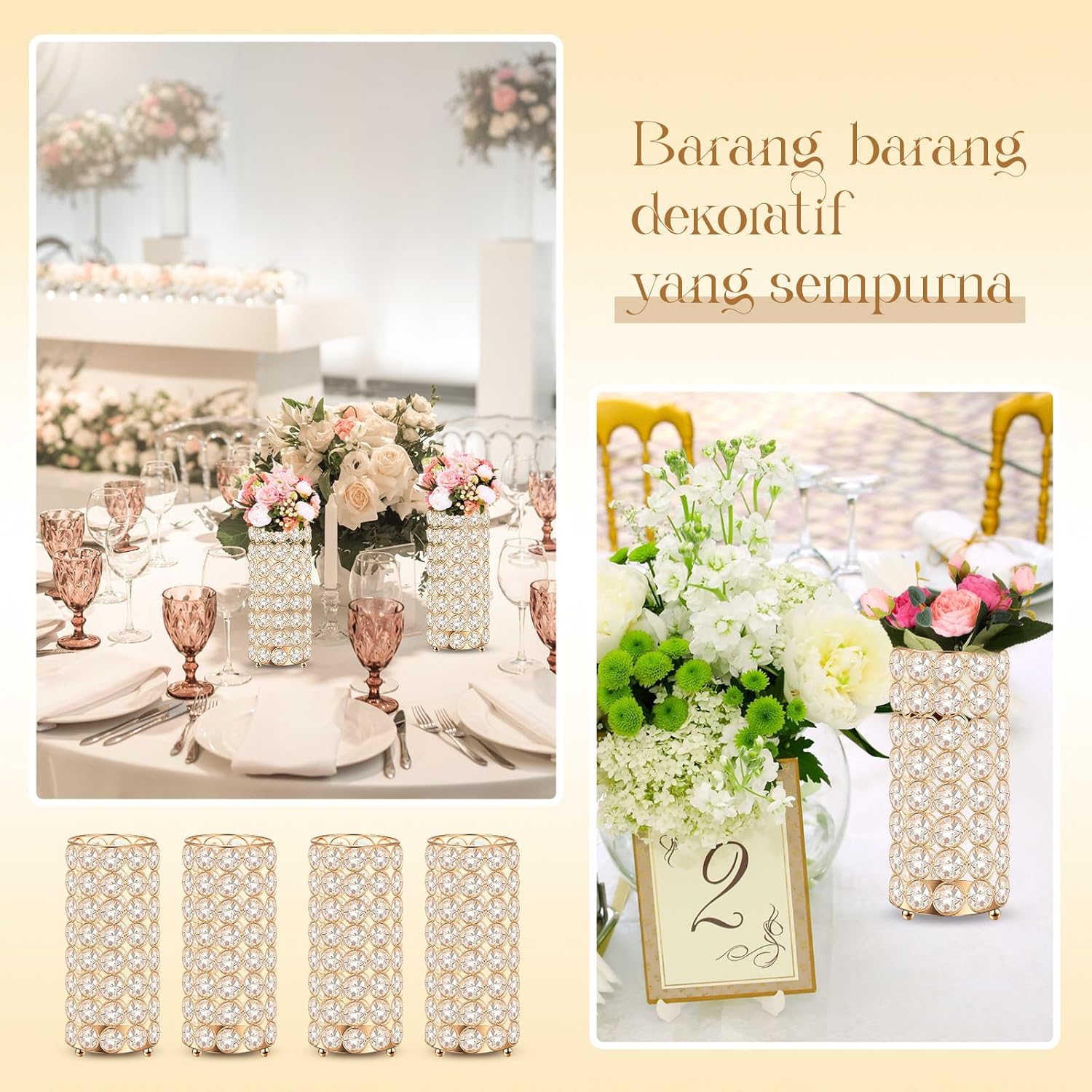 Dandat 8 Pcs Crystal Flower Vase for Wedding Table Centerpieces 7.87 in Crystal Pillar Candle Holder Metal Cylinder Flower Vase Stand for Christmas Wedding Decor Gifts Arrangement Event(Gold)