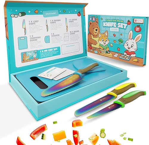 Miniatura 7 de Juego de cuchillos para niños para cocina real, kit de iniciación 100% seguro para la piel, acero inoxidable con titanio arcoíris, incluye chef,