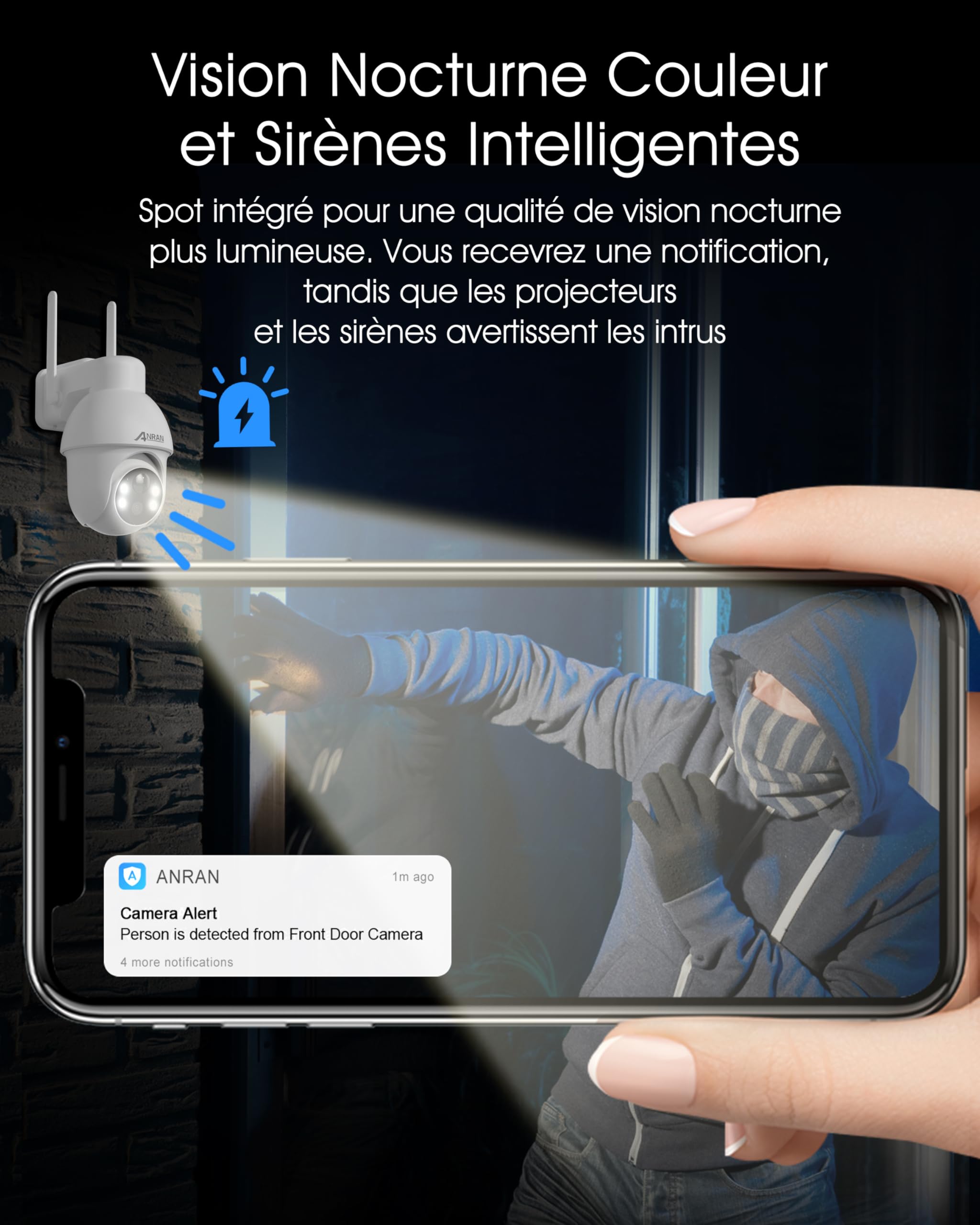 ANRAN 5MP PTZ Caméra Surveillance WiFi Exterieure sans Fil Solaire, Vision Nocturne Couleur 30m avec 4 Lumières Blanches, HD 2560 x 1920 Détection de Mouvement sur Audio Bidirectionnel, Q03 Max Blanc
