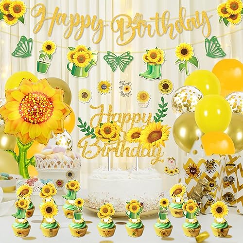 Miniatura 7 de JCOOS Decoraciones de fiesta de girasoles: decoraciones de fiesta de cumpleaños de girasol incluyen globos, pancartas, decoración de tartas,