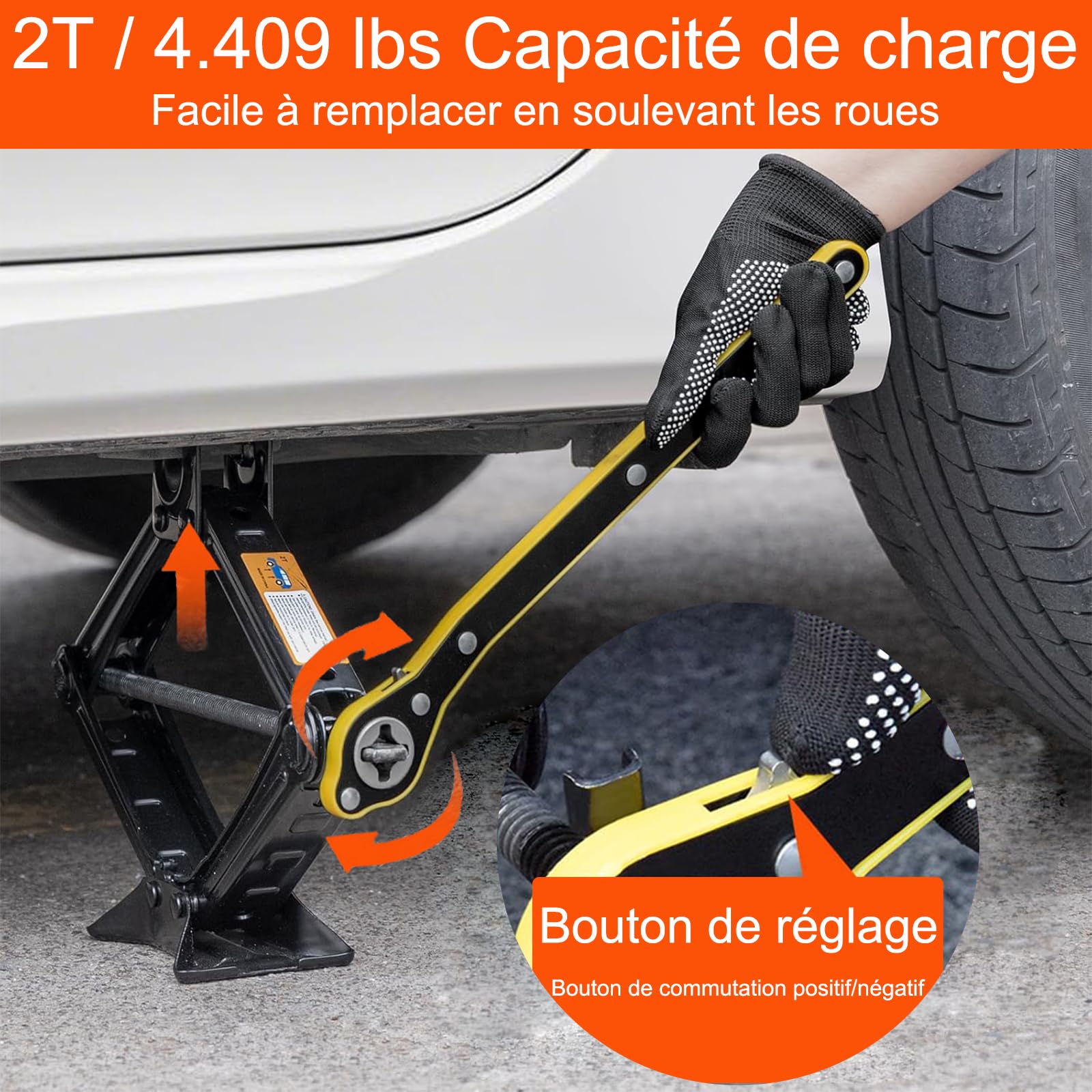 Rarapop Cric de Voiture 2T, kit Universel de cric à Ciseaux avec clé à cliquet et clé pour écrous - pour berlines, camionnettes et SUV, kit d'urgence Automobile