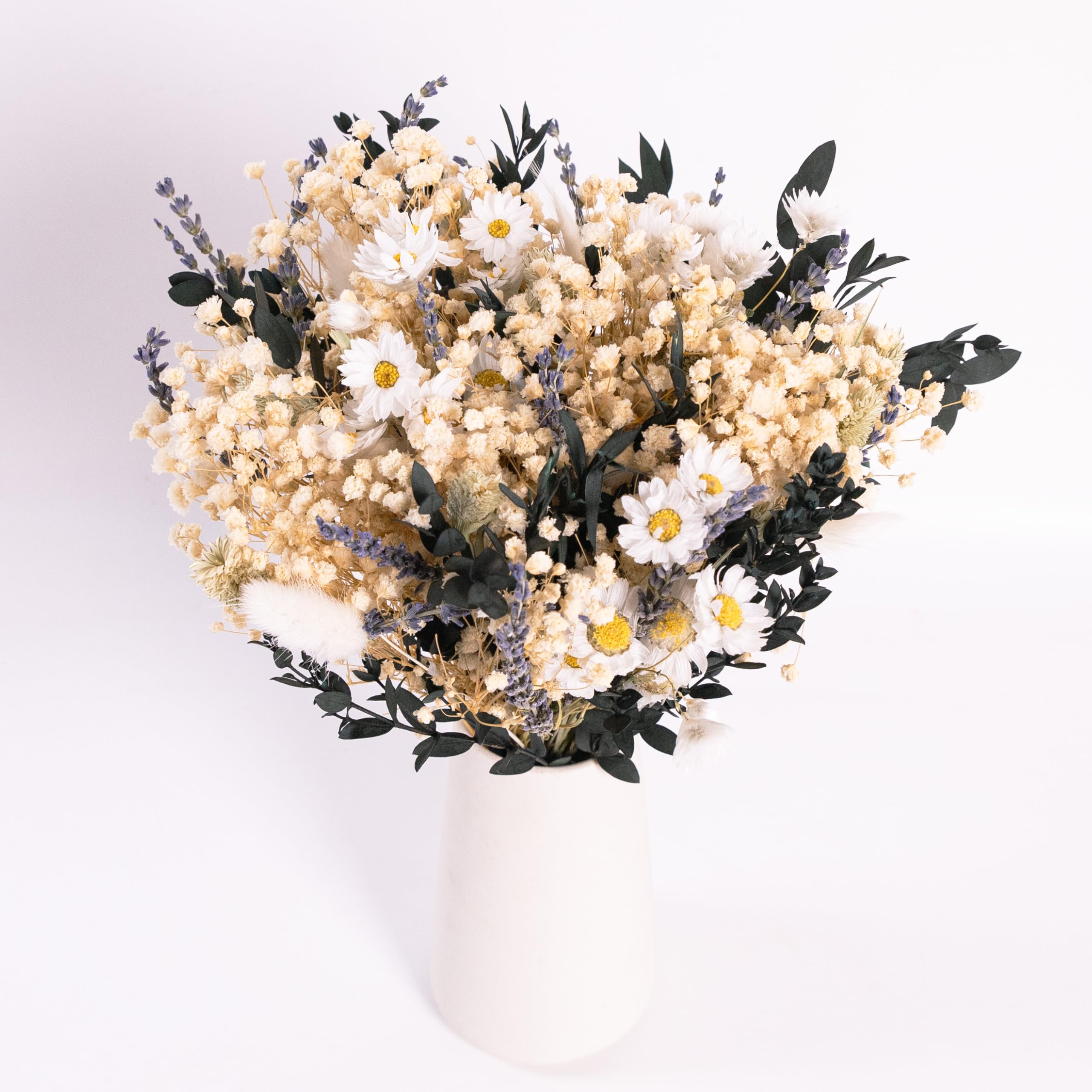 Handmade Dried Flower Bouquet – Natural White, Lavender, Baby’s Breath, Pampas Grass & Eucalyptus – Rustic Boho Style for Home Decor, Weddings, Gifts, and Events