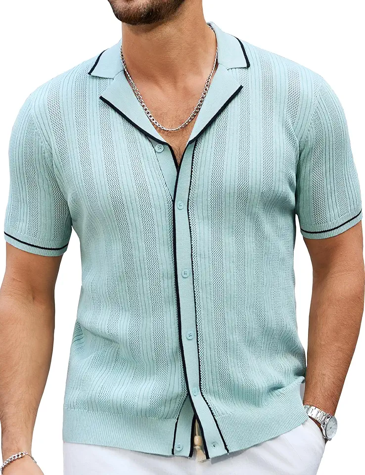 Men's Knit Button Down Shirt Short Sleeve Vintage Knitted Striped Summer Beach Tops S-XXL