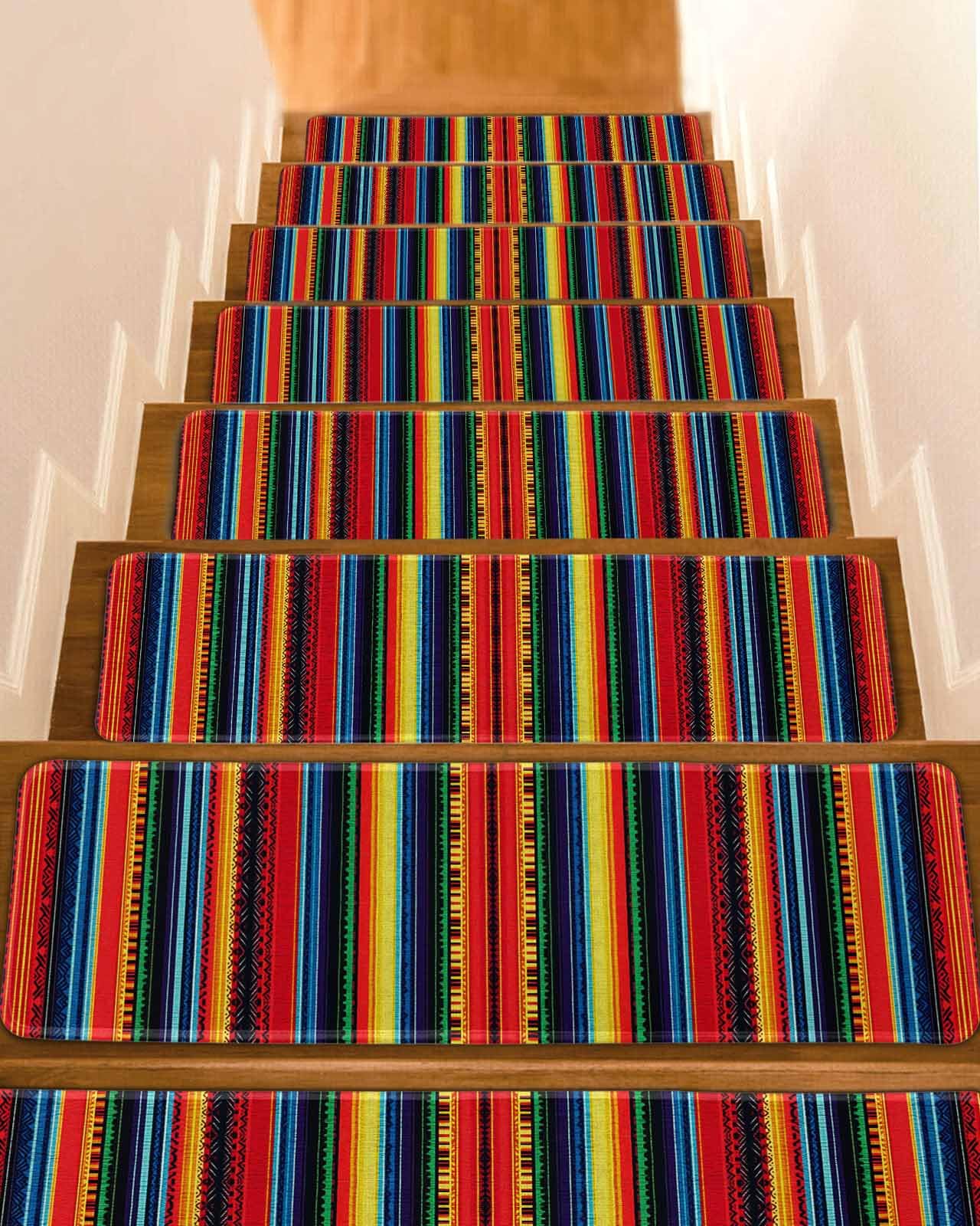 Rainbow Striped Stair Treads for Wooden Steps Indoor Runner Rug Carpet, Modern Colorful Boho Ethnic Chic Lines 15 Pieces Peel and Stick Staircase Step