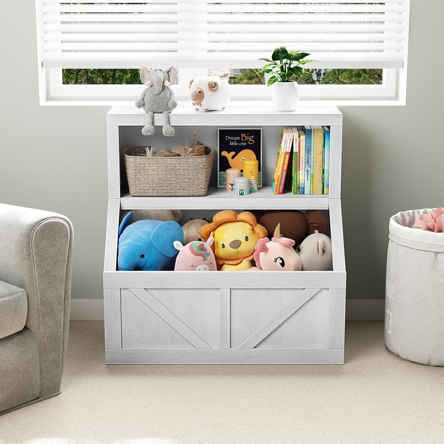 Kids Bookshelf and Toy Storage Cabinet, 2-Tier Toddler Toy Organizer with 2 Shelves, Vintage White Finish, Ideal for Playroom, Bedroom, Living Room, and Classroom, Durable and Space-Saving Design