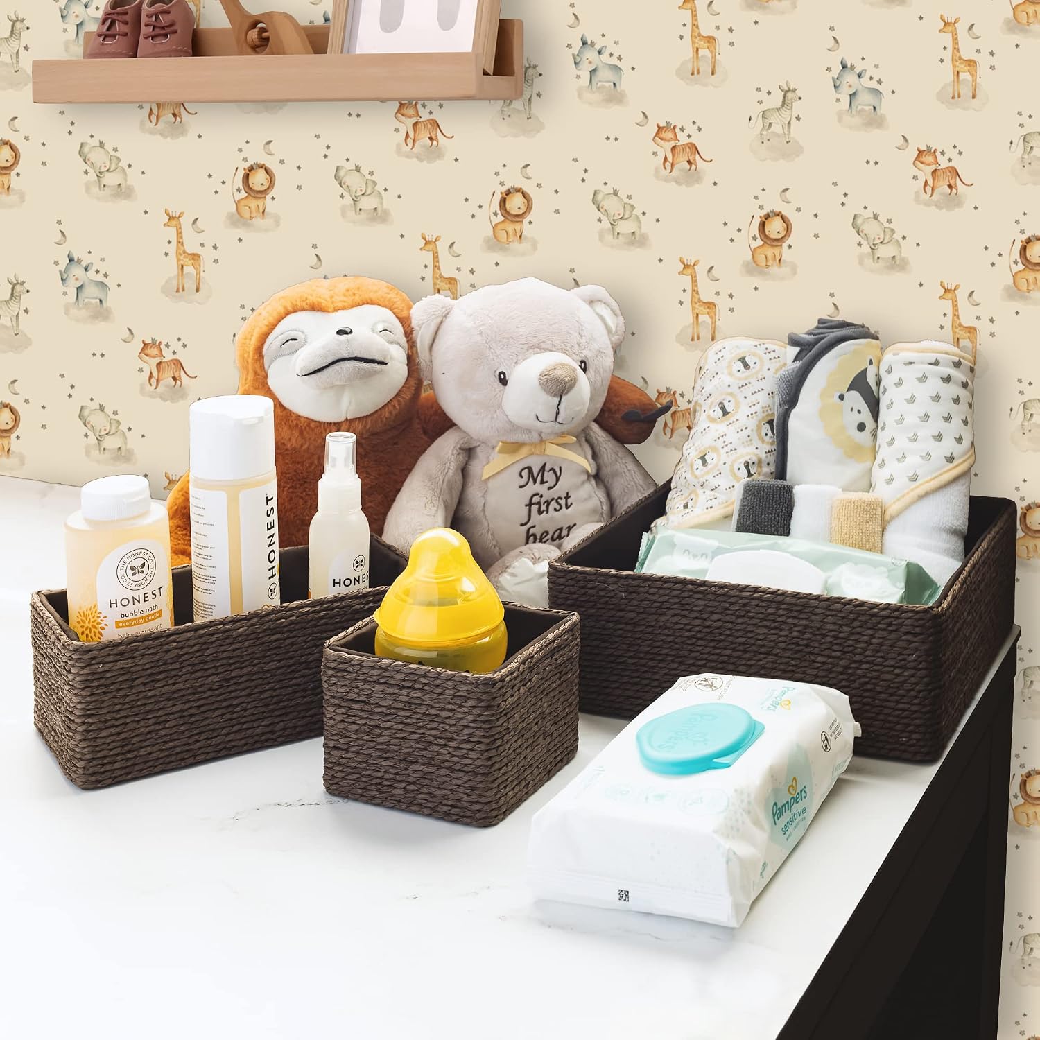 Sorbus Storage Baskets 4-Piece Set - Stackable Woven Basket Paper Rope Bin Boxes for Makeup, Office Supplies, Bedroom, Closet (Chocolate)