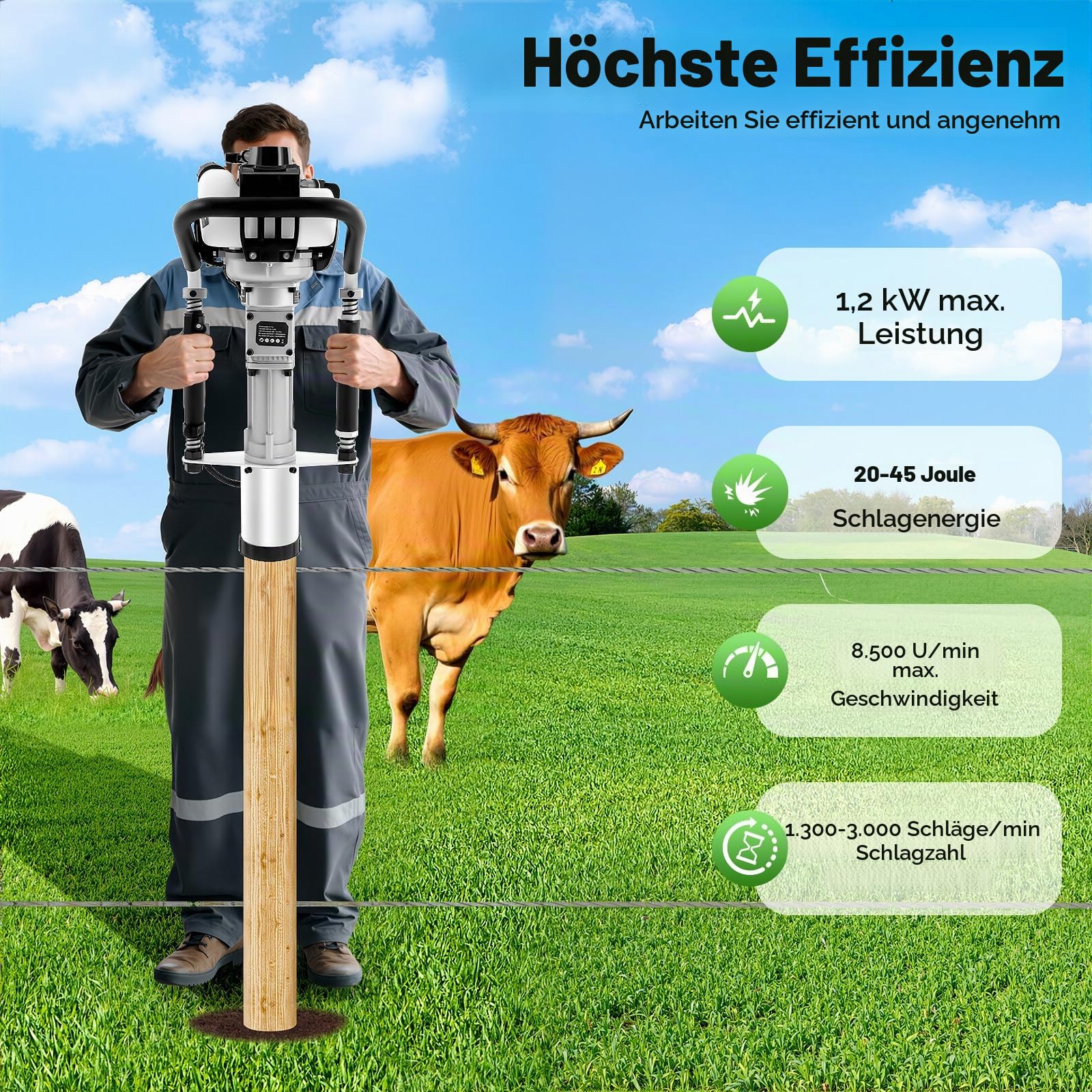 Benzin Pfahlramme, 1200W 37.7CC 4-Takt Rammen RammgeräT Stapeltreiber, 8500RPM Gasbetriebener T-Pfostentreiber HandgefüHrte Ramme FüR Gartenbau, Zaunbau, Bauwesen