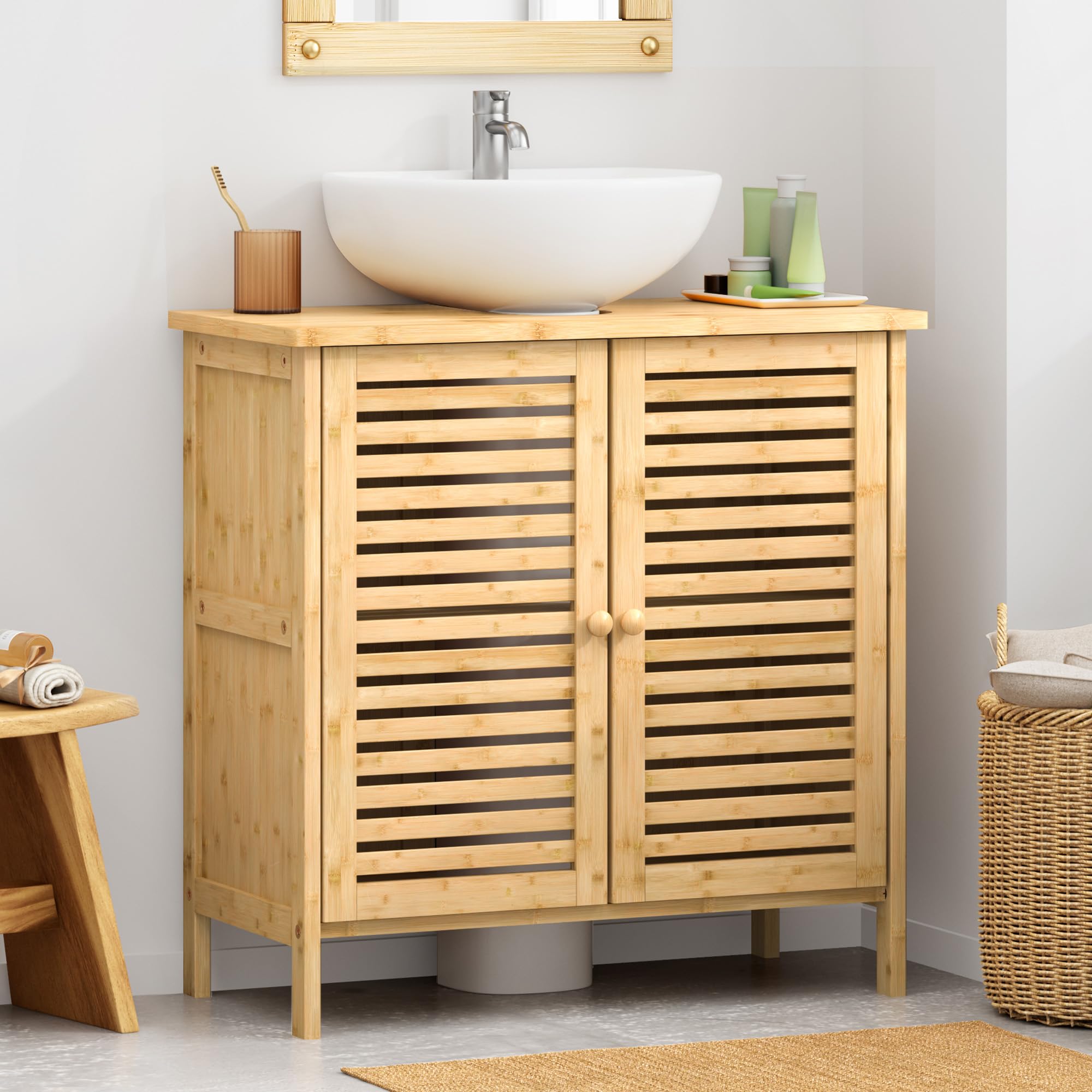 SogesPower Mobile sottolavabo in bambù, mobile sottolavabo con ante e ripiani, mobiletto per lavabo, mobile da bagno, mobili da bagno per il bagno