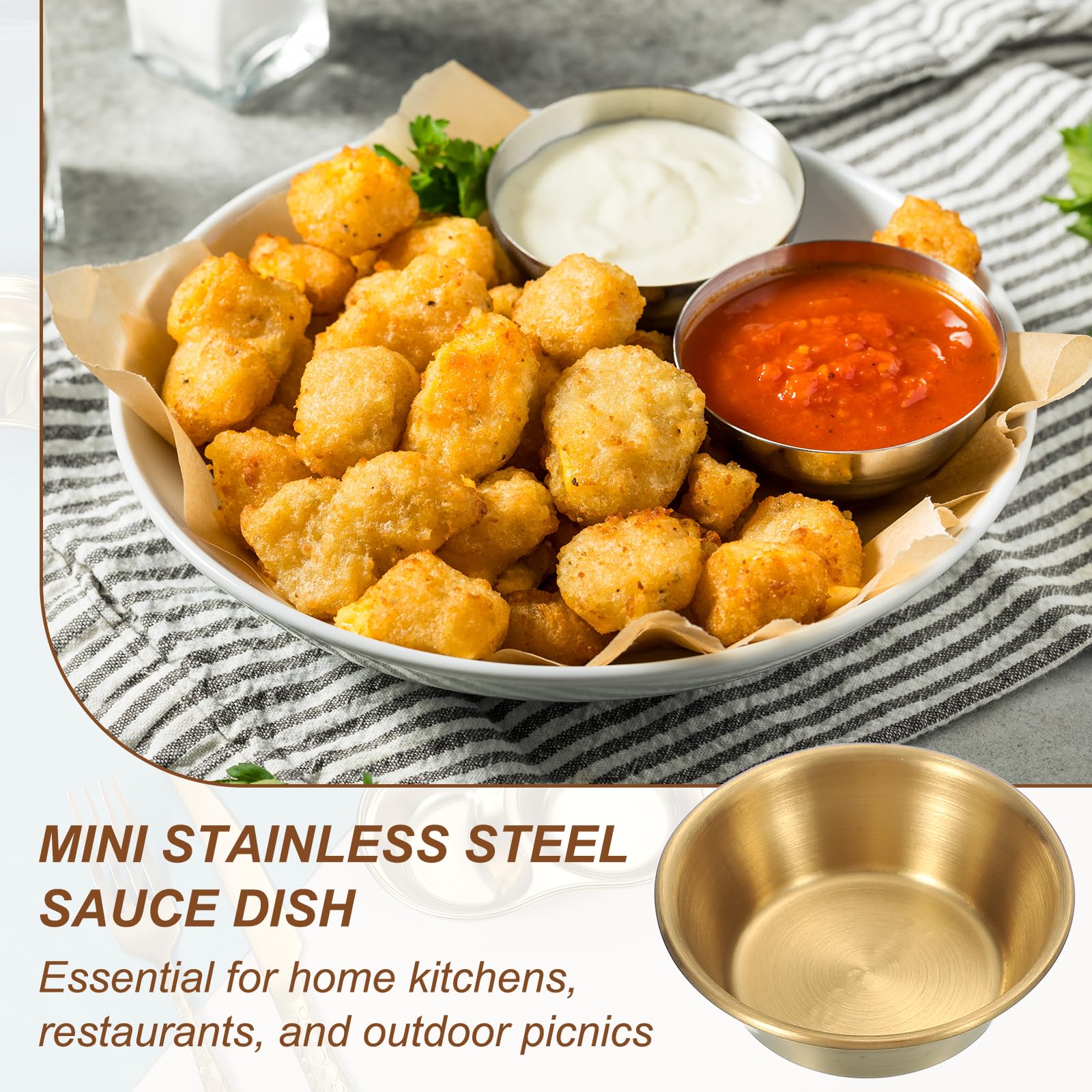 QUARKZMAN 2.8 Pulgadas Mini Salsera De Acero Inoxidable, 14 Piezas Tazones Redondos Para Condimentos Platos De Aperitivo Recipiente Para Salsas, Dorado