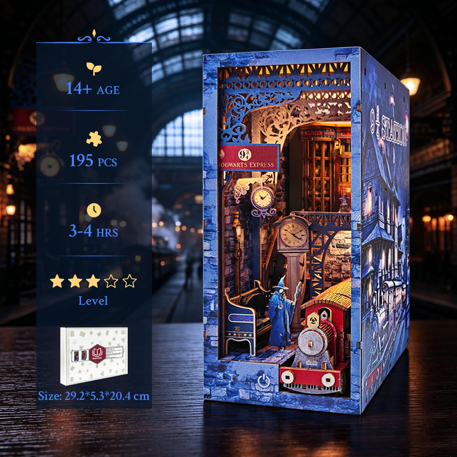 Book Nook Kit Magic Train Station Booknook Decor | 3D Holzpuzzle mit Bewegungsmelder-Licht, Anfängerfreundliches Bastelset für Zuhause Ornament & Urlaubsgeschenk 14+
