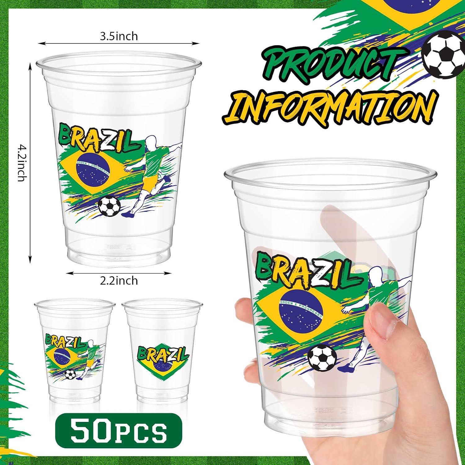 Jingmore 50 Pcs Soccer Plastic Cups 12 oz International Countries Soccer Disposable Plastic Cups Thick Clear Drinkware for Sports Games Party Supplies (Brazil)