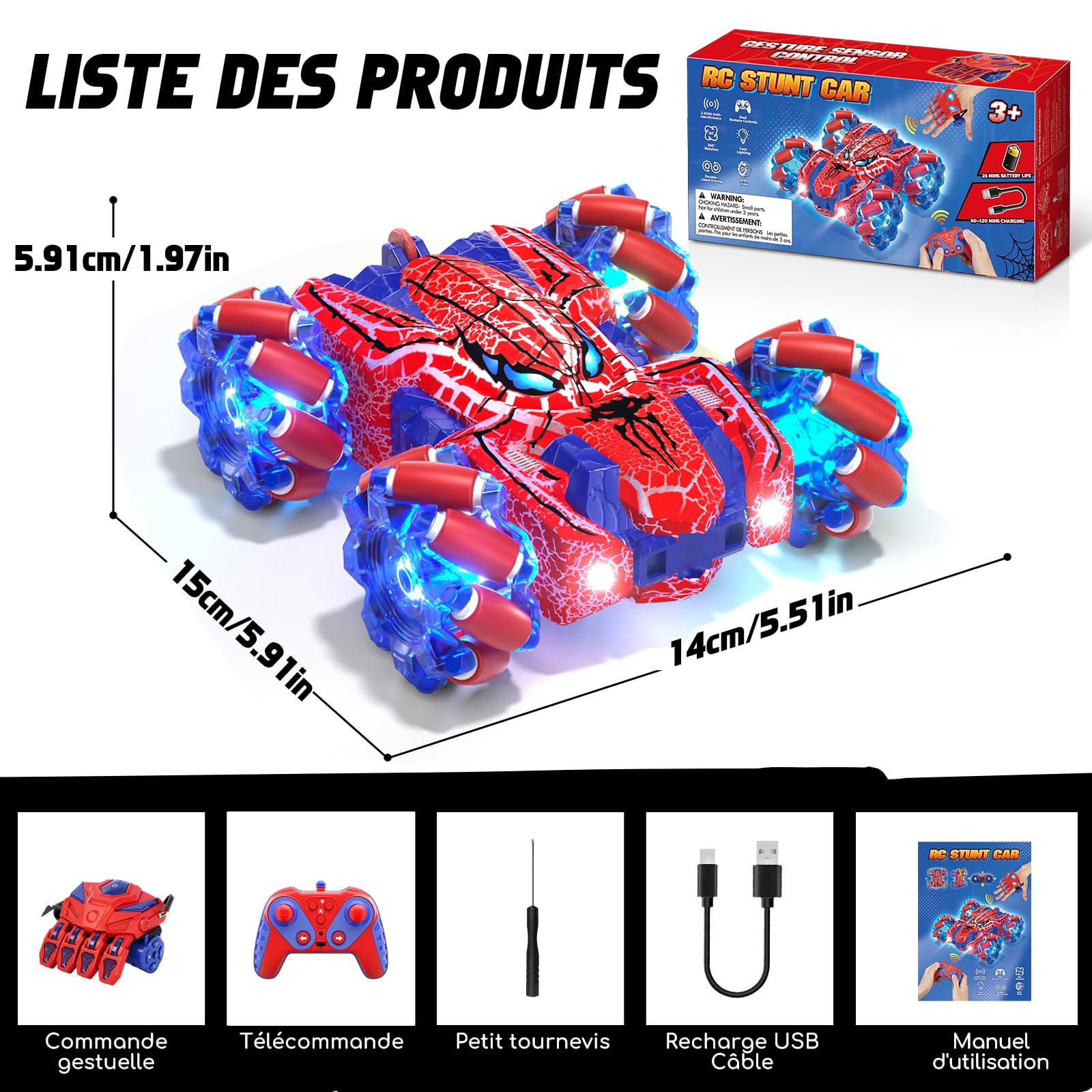 Spider Voiture Télécommandée avec Détection de Gestes, Jouet Enfant Idéal pour 4 5 6 7 8 9 10 11 12 Ans, Voiture RC Double Face avec Éclairage Complet (Rouge)