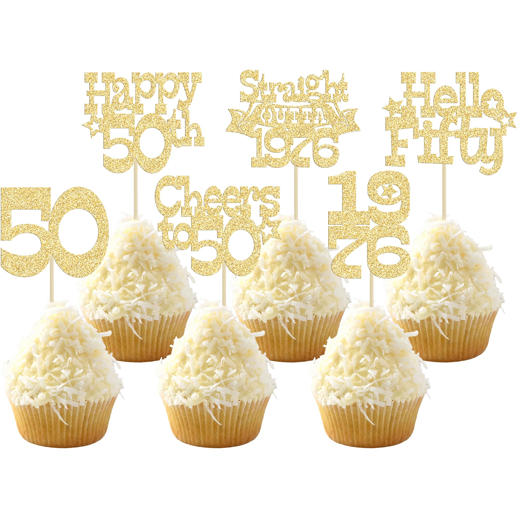 Ephlyn 30Pcs Happy 50th Birthday Cupcake Toppers Glitter Fifty Straight Outta 1976 Cupcake Picks Cheers to 50 Years Cake Decorations for Happy 50th Birthday Anniversary Party Supplies Gold