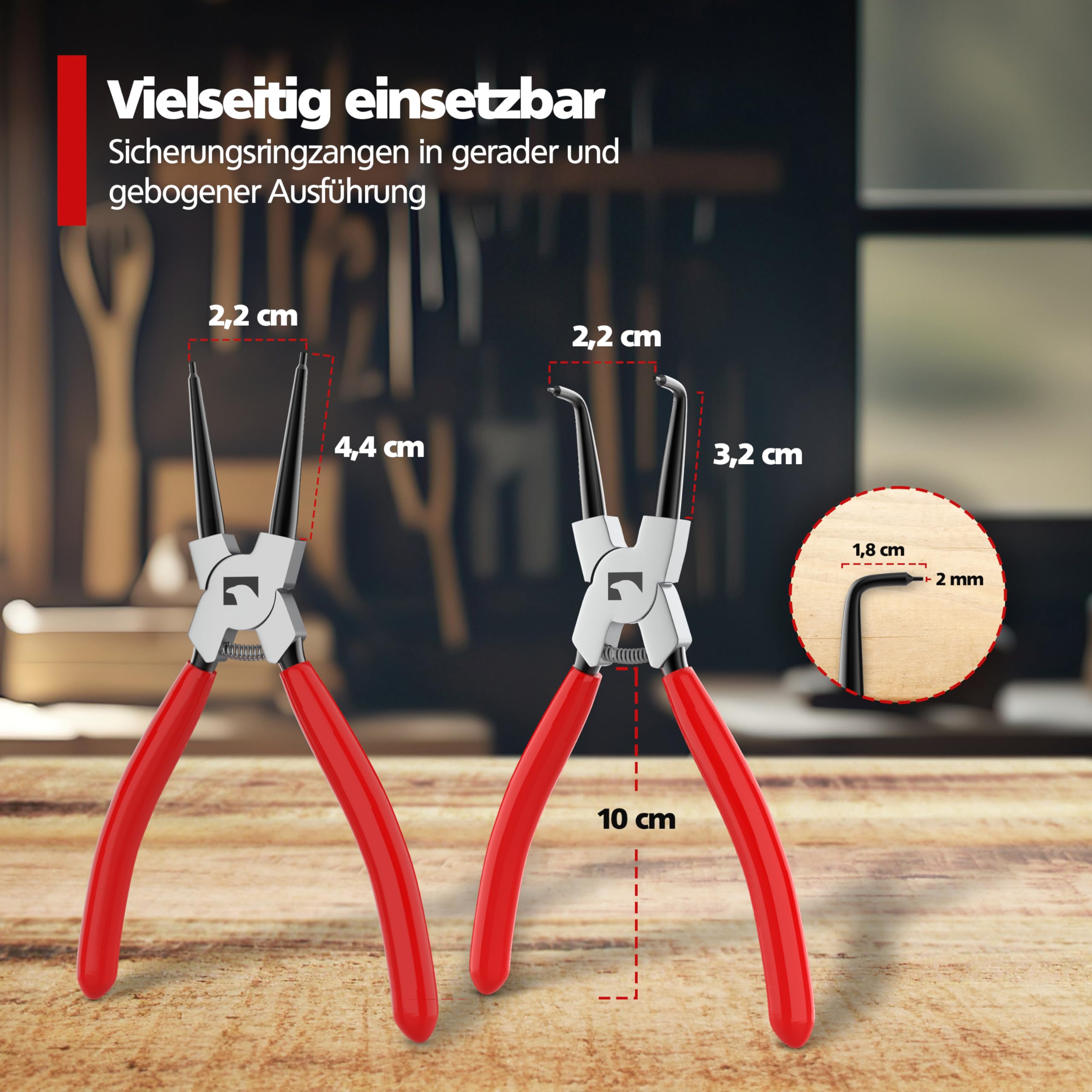 RAVN HAMAN 4 x Sprengringzangen 175 mm Rot - - Sicherungsringzangen mit präzise geformten Zangenspitzen - - Sicherungszangen mit abrutschhemmenden Griffen - - Seegeringzangen in Aufbewahrungstasche