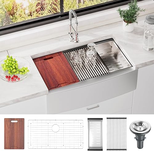 Miniatura 24 de Fregadero de granja de 33 x 22 pulgadas de acero inoxidable negro con delantal frontal de un solo cuenco de 10 pulgadas de profundidad con estación