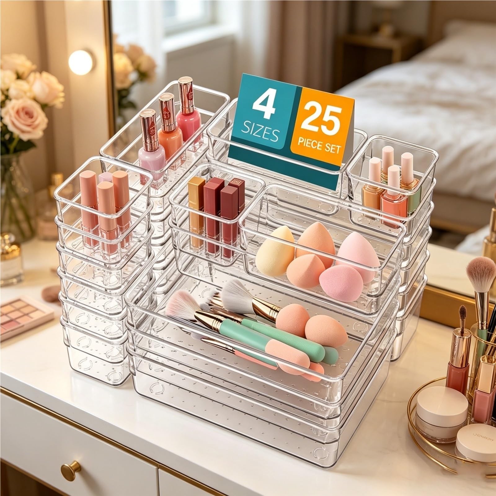 TYNGBT Plastic Drawer Organizer Set, 25 Pcs Clear Storage Bins, Desk Drawer Dividers for Office Supplies, Stationery, Home Office, School and Workspace