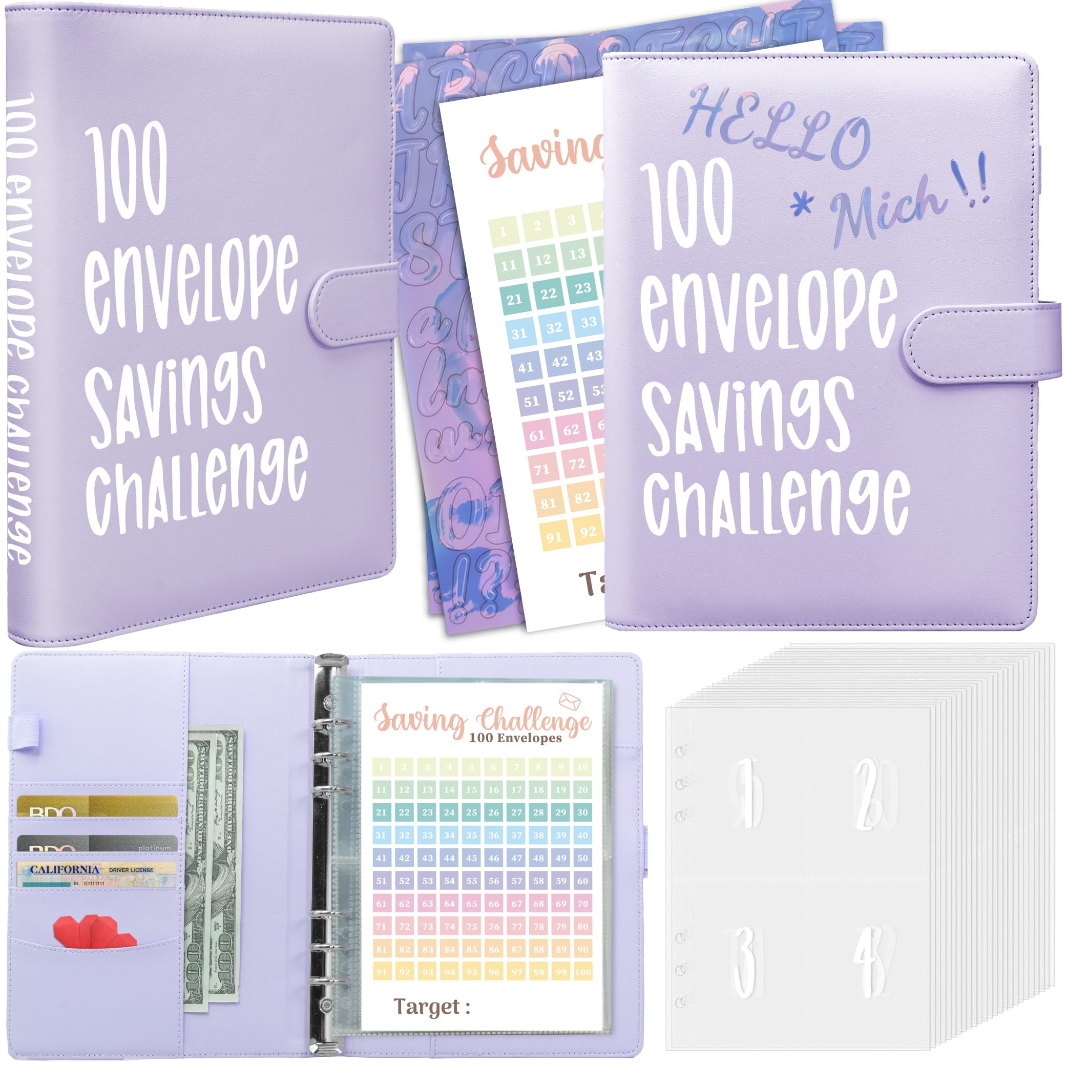 Axolotl 100 Envelopes Money Saving Challenge Binder, A5 Savings Budget Challenges Binders with Cash Envelopes, 100 Days Envelope Saving Binder Book, Budget Planner (Matt Purple)