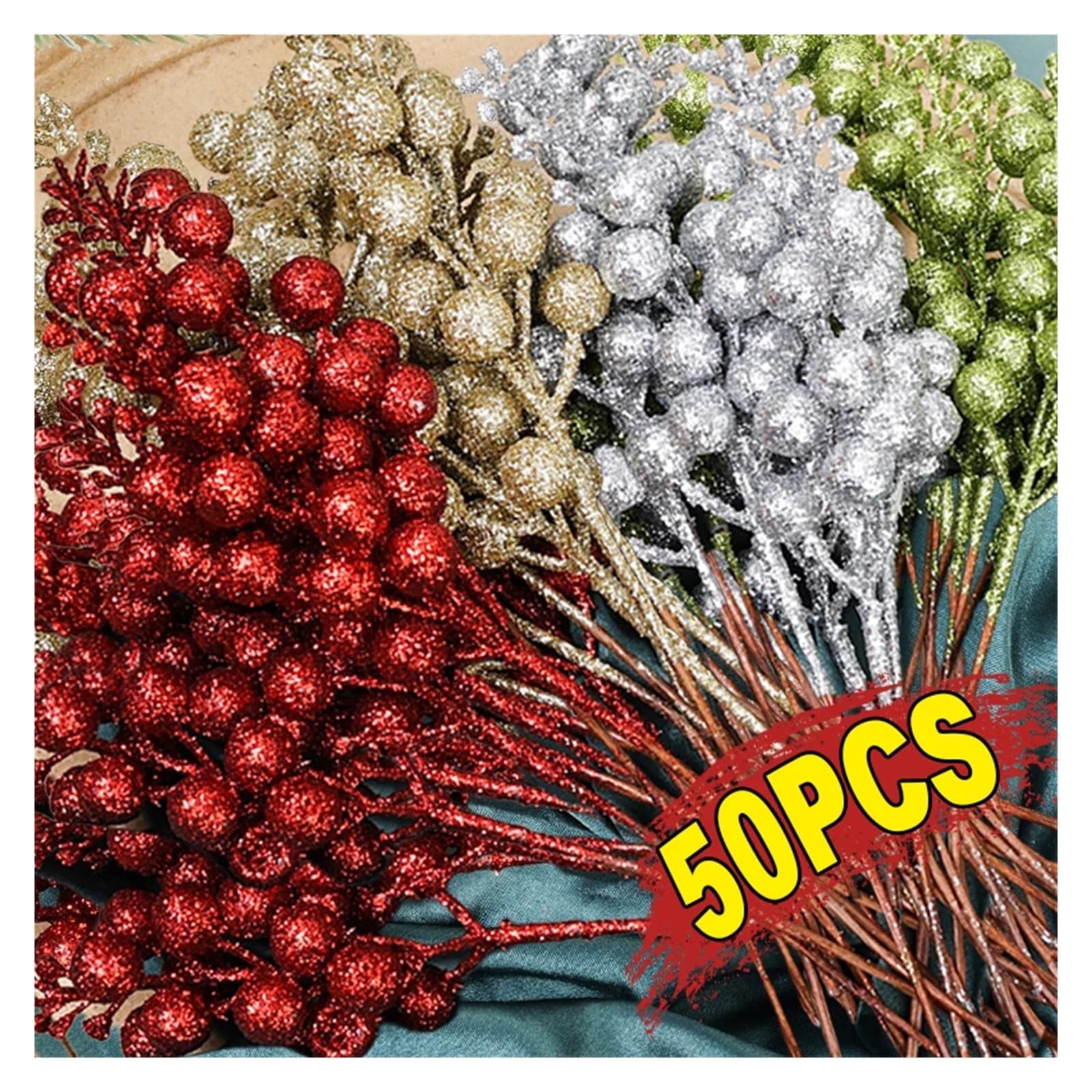 Ramo de ramas con bayas artificiales, Ramas de bayas acebo con purpurina artificial, multicolor, 23,5 cm, paquete 2 a 50 unidades