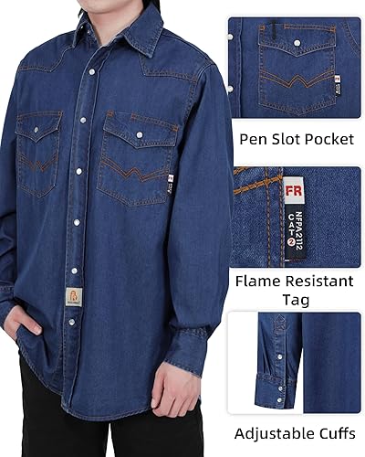 Miniatura 51 de BOCOMAL FR Shirts 6.25oz Camisas de soldadura ligeras Camiseta ignífuga para hombre ignífuga Rojo/Blanco,Gris,claro,Azul marino con broche