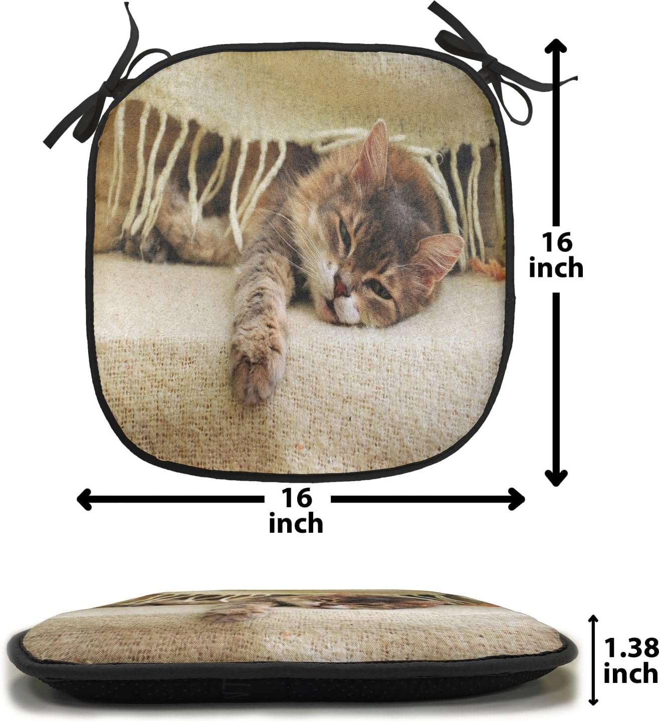 Lunarable Cat Lover Chair Cushion Pads Set of 2, Cat Sleeping Under Blanket Comfortable Laziness Lazy Day Relaxing Tired Whiskers Animal, Anti-Slip Seat Padding for Kitchen & Patio, 16"x16", Tan