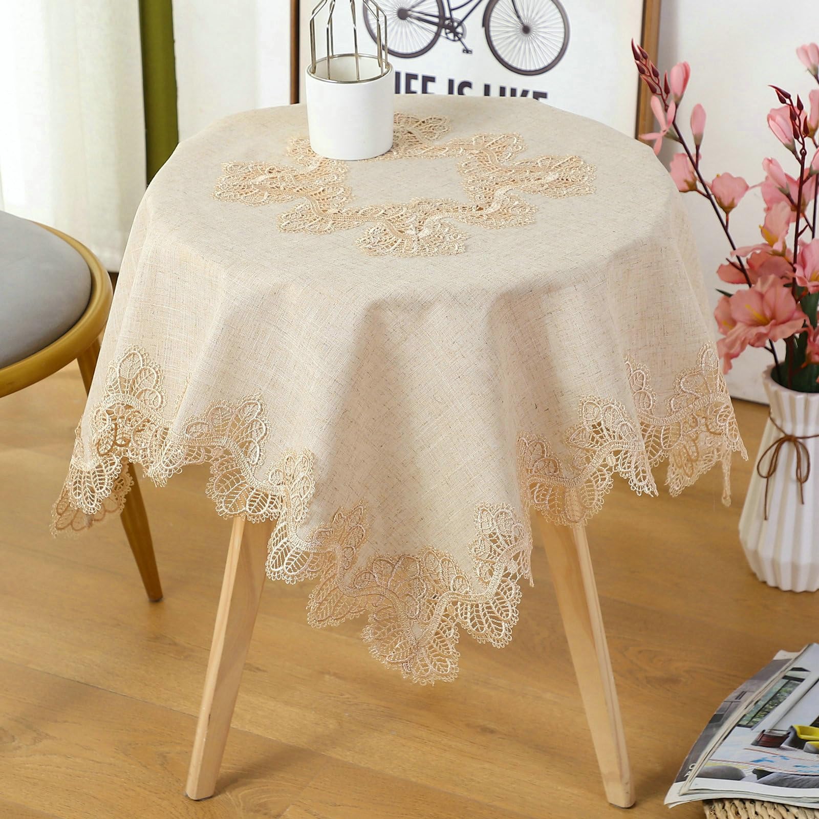 Tischdecke Kaffee Rund 180 cm, Spitze Blume Stickerei Polyester