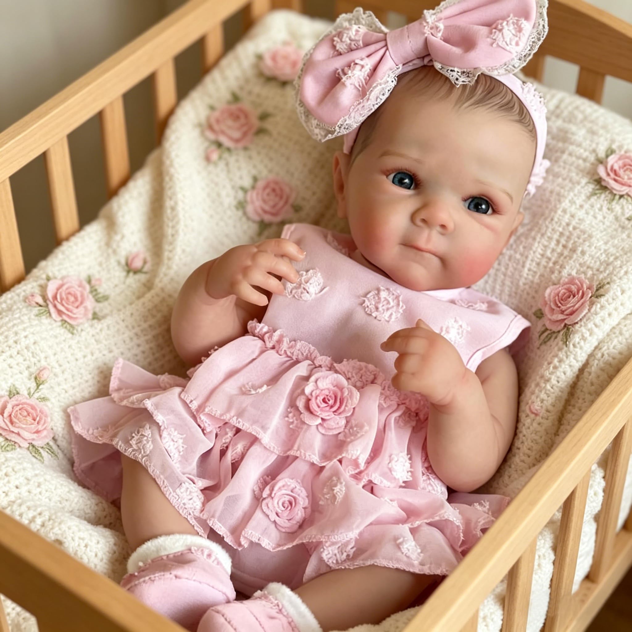 Reborn Baby Mädchen Lebensecht 48CM VollVinyl Körper,Reborn Puppen Realistische Neugeborene Mit Haaren Babypuppe mit Offenen Augen