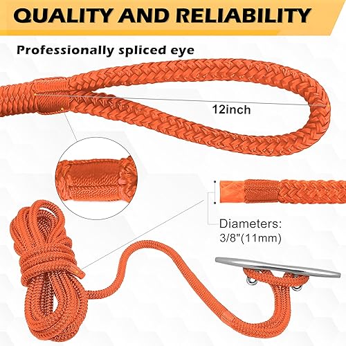 Vista 48 de AOLEBA Líneas de muelle de barco de 3/8 pulgadas x 15 pies para barcos, cuerda de nailon trenzado doble para barco, líneas de barco para Rojo