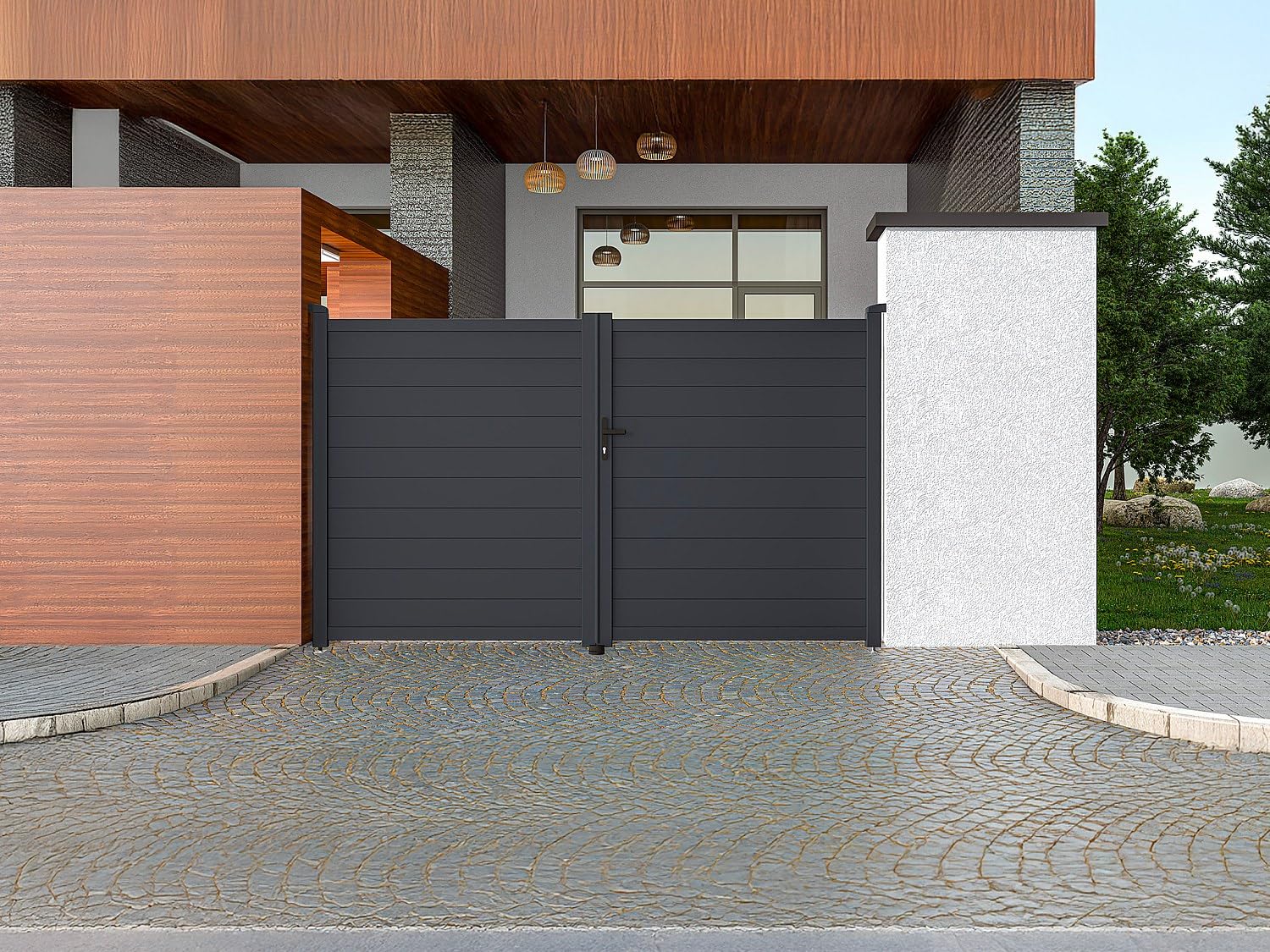 Vente-unique - Portal batiente Aluminio Completo L305 x 181 cm Antracita Nazario