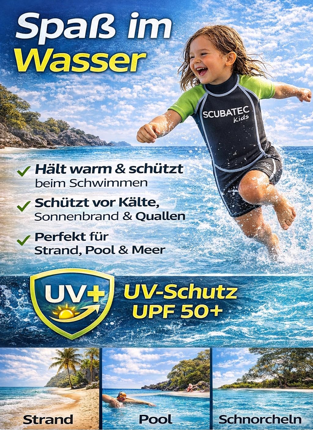 Shorty SCUBATEC 3 mm pour enfant « Kids Wave », noir/vert, 92–98 (3XS)